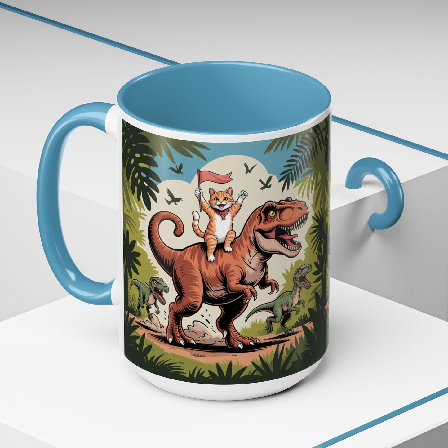 Orange cat riding a T-rex mug Funny cat lover Mug Cat Raptors the jungle mug Gift for cat dinosaur lover mug Cat lady gift Cat mom Christmas