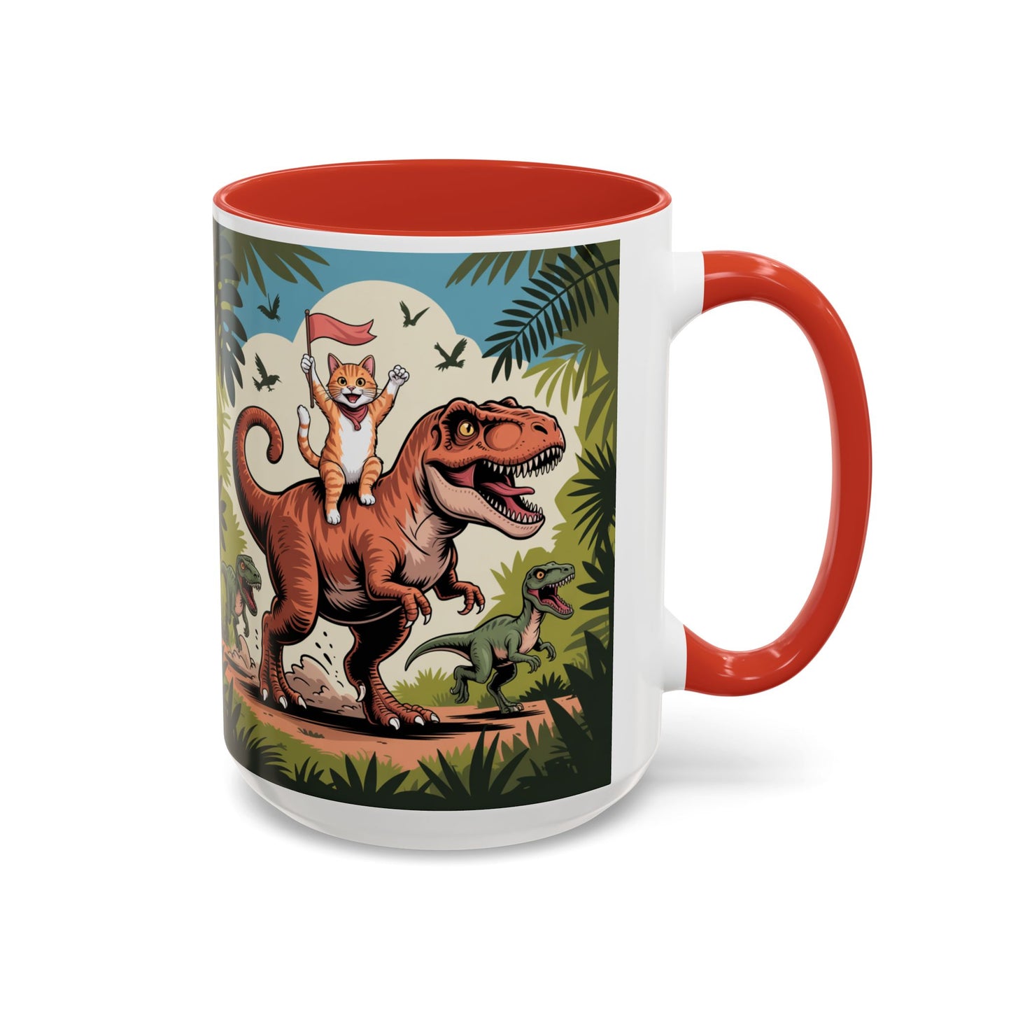 Orange cat riding a T-rex mug Funny cat lover Mug Cat Raptors the jungle mug Gift for cat dinosaur lover mug Cat lady gift Cat mom Christmas