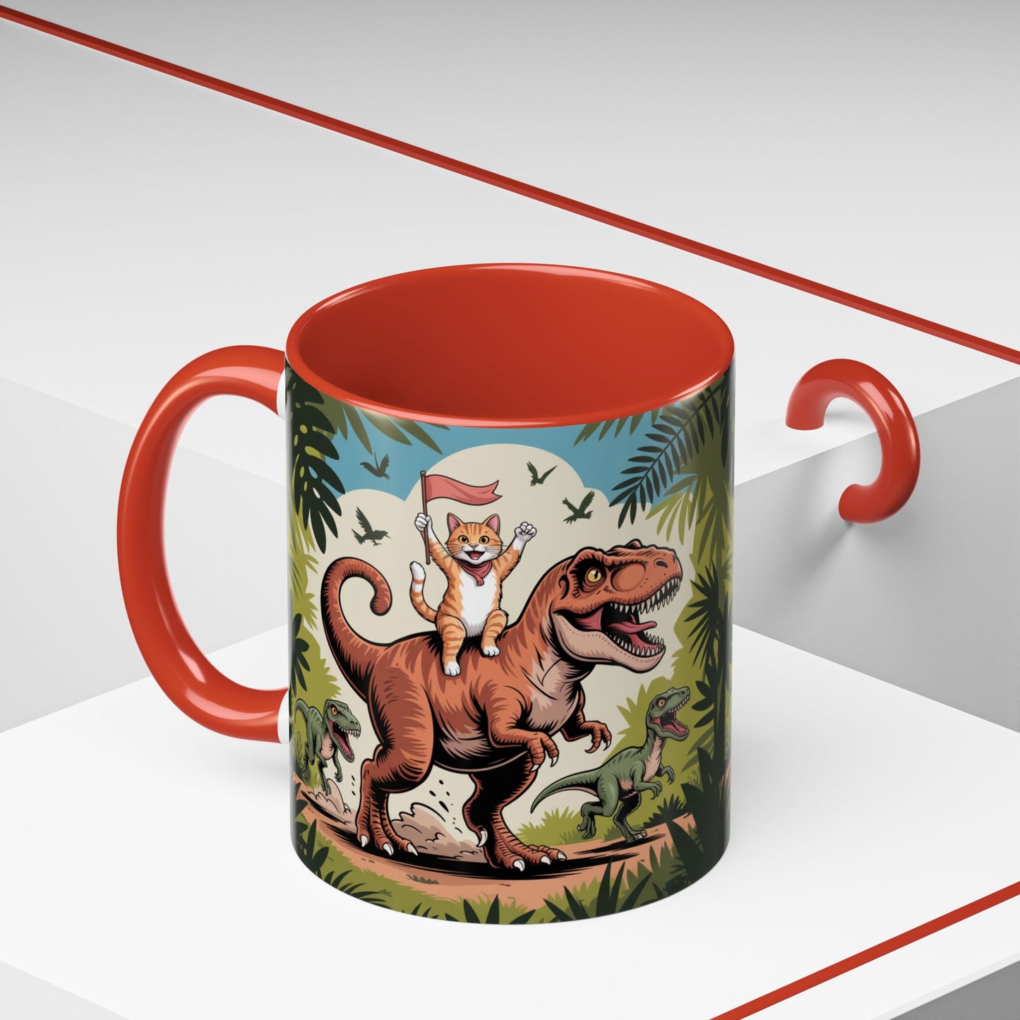 Orange cat riding a T-rex mug Funny cat lover Mug Cat Raptors the jungle mug Gift for cat dinosaur lover mug Cat lady gift Cat mom Christmas