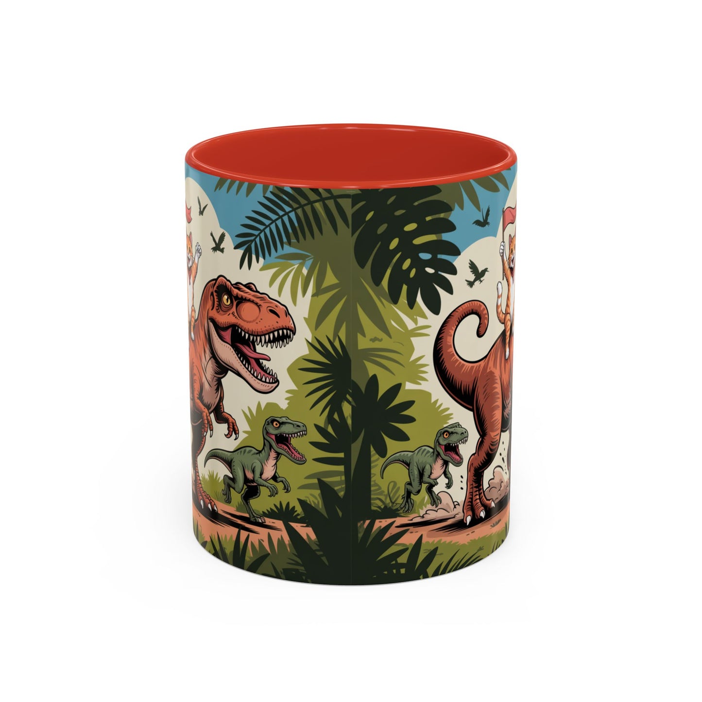 Orange cat riding a T-rex mug Funny cat lover Mug Cat Raptors the jungle mug Gift for cat dinosaur lover mug Cat lady gift Cat mom Christmas