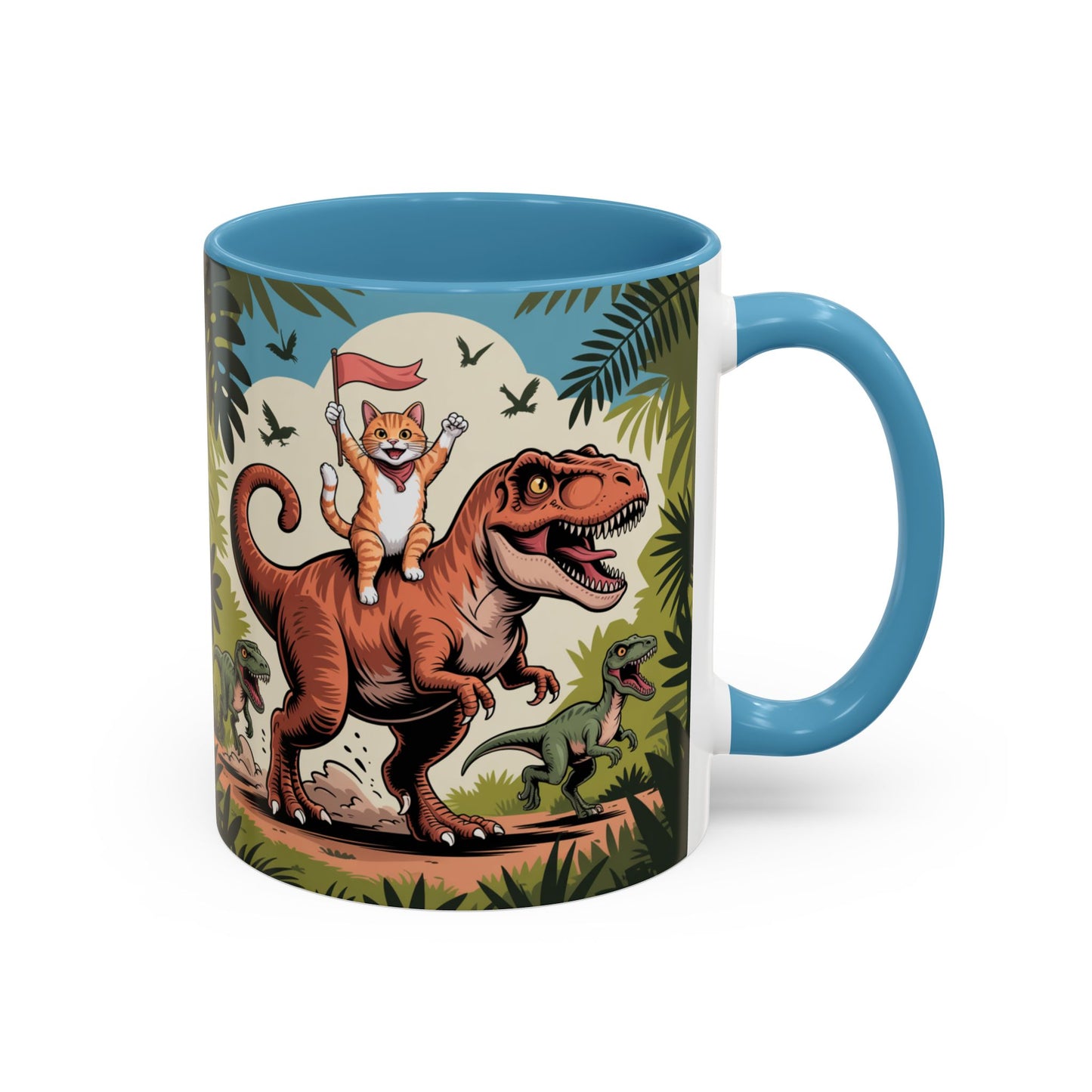 Orange cat riding a T-rex mug Funny cat lover Mug Cat Raptors the jungle mug Gift for cat dinosaur lover mug Cat lady gift Cat mom Christmas