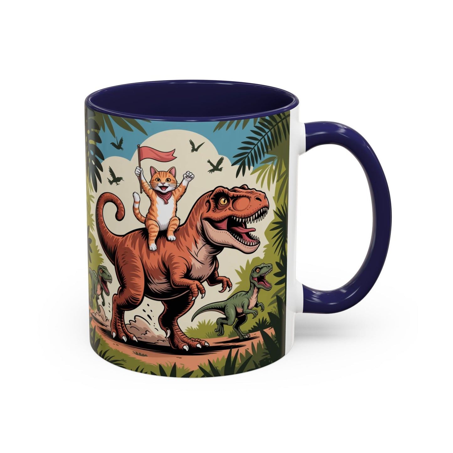 Orange cat riding a T-rex mug Funny cat lover Mug Cat Raptors the jungle mug Gift for cat dinosaur lover mug Cat lady gift Cat mom Christmas