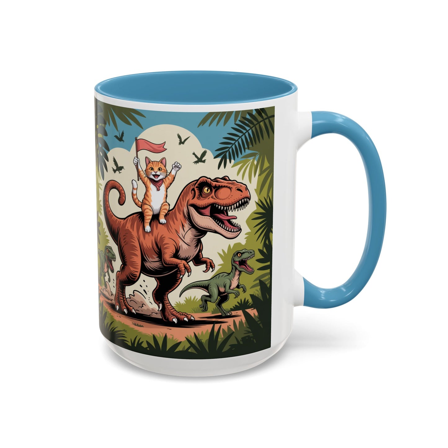 Orange cat riding a T-rex mug Funny cat lover Mug Cat Raptors the jungle mug Gift for cat dinosaur lover mug Cat lady gift Cat mom Christmas