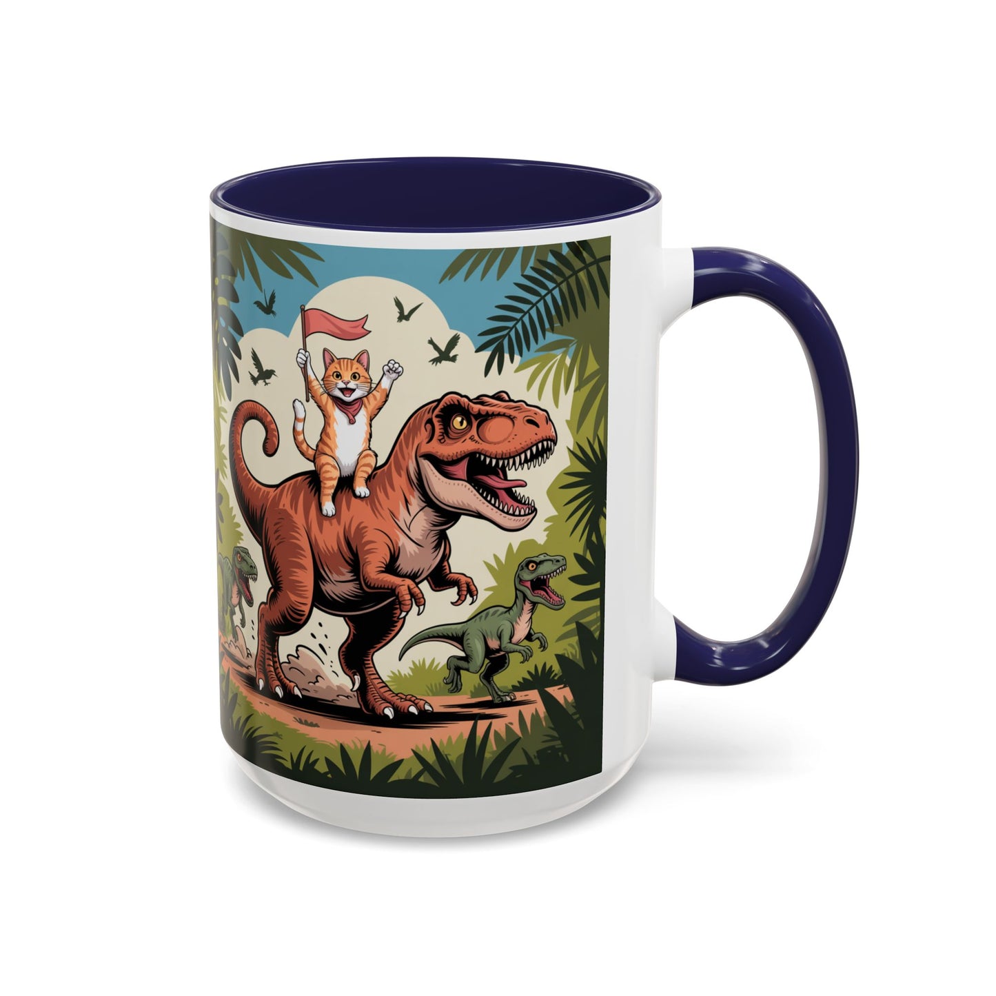 Orange cat riding a T-rex mug Funny cat lover Mug Cat Raptors the jungle mug Gift for cat dinosaur lover mug Cat lady gift Cat mom Christmas