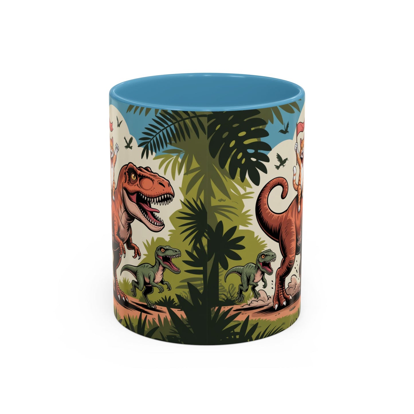 Orange cat riding a T-rex mug Funny cat lover Mug Cat Raptors the jungle mug Gift for cat dinosaur lover mug Cat lady gift Cat mom Christmas