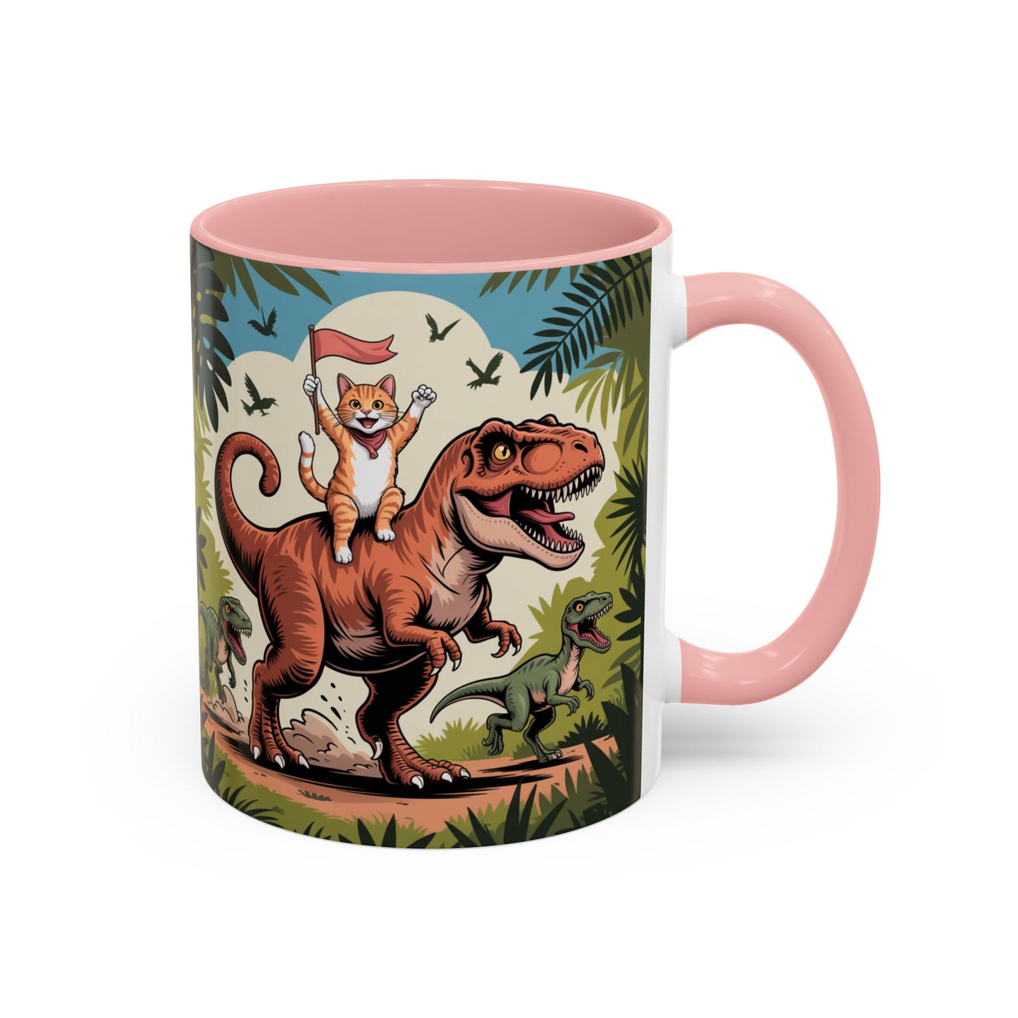 Orange cat riding a T-rex mug Funny cat lover Mug Cat Raptors the jungle mug Gift for cat dinosaur lover mug Cat lady gift Cat mom Christmas