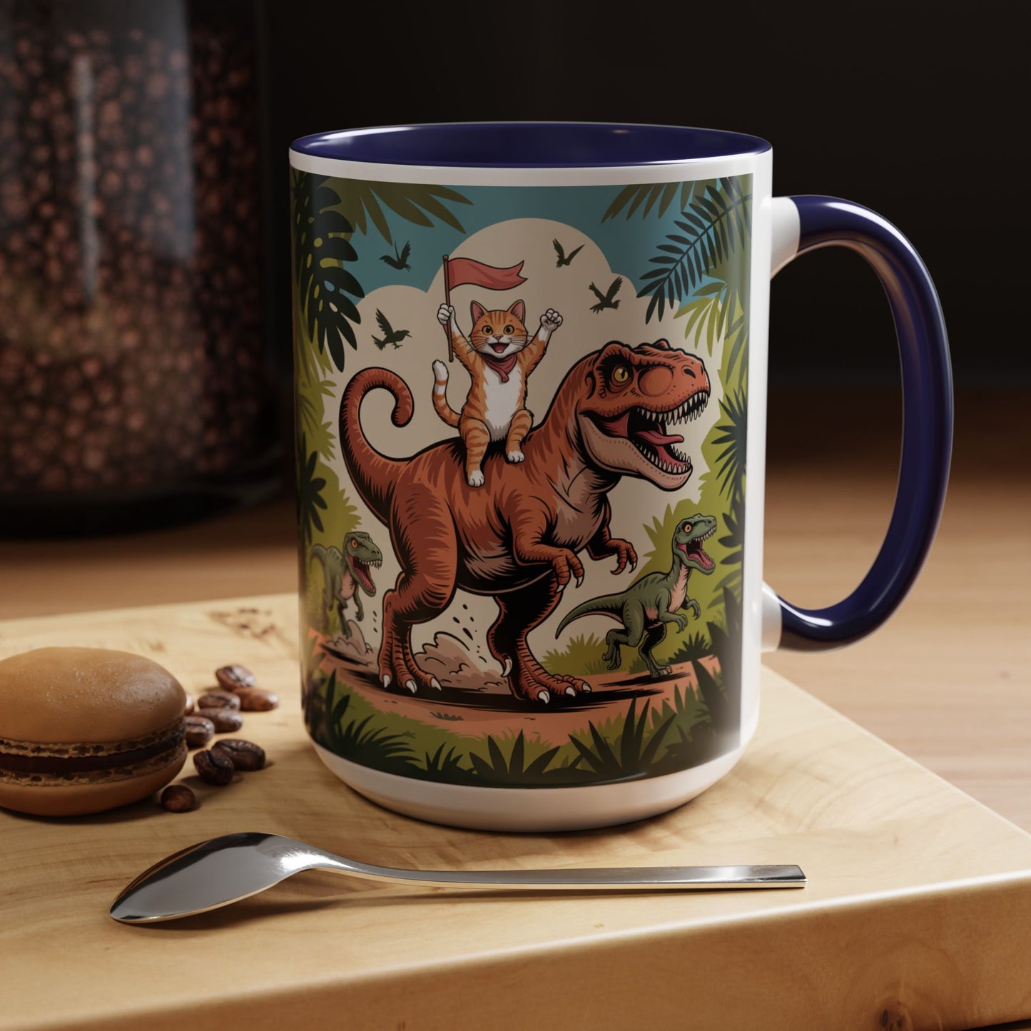 Orange cat riding a T-rex mug Funny cat lover Mug Cat Raptors the jungle mug Gift for cat dinosaur lover mug Cat lady gift Cat mom Christmas