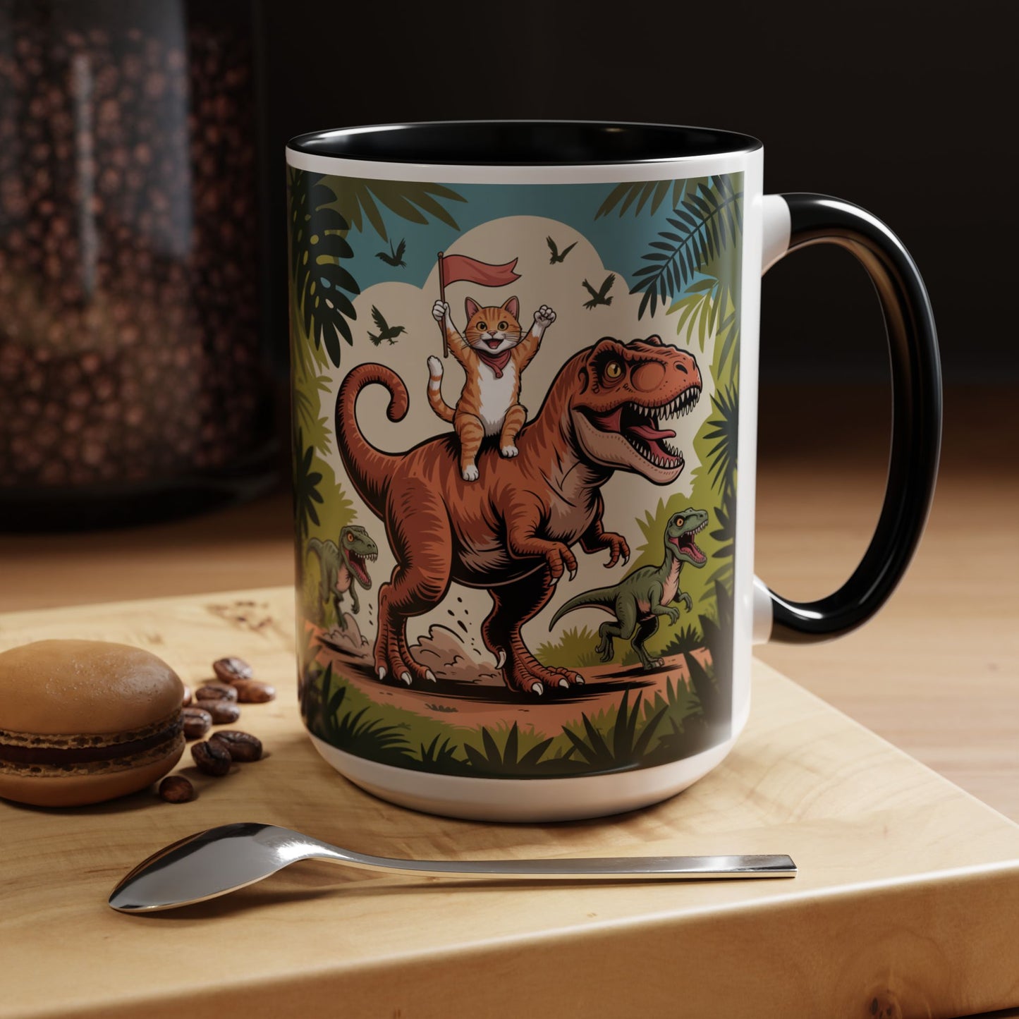 Orange cat riding a T-rex mug Funny cat lover Mug Cat Raptors the jungle mug Gift for cat dinosaur lover mug Cat lady gift Cat mom Christmas