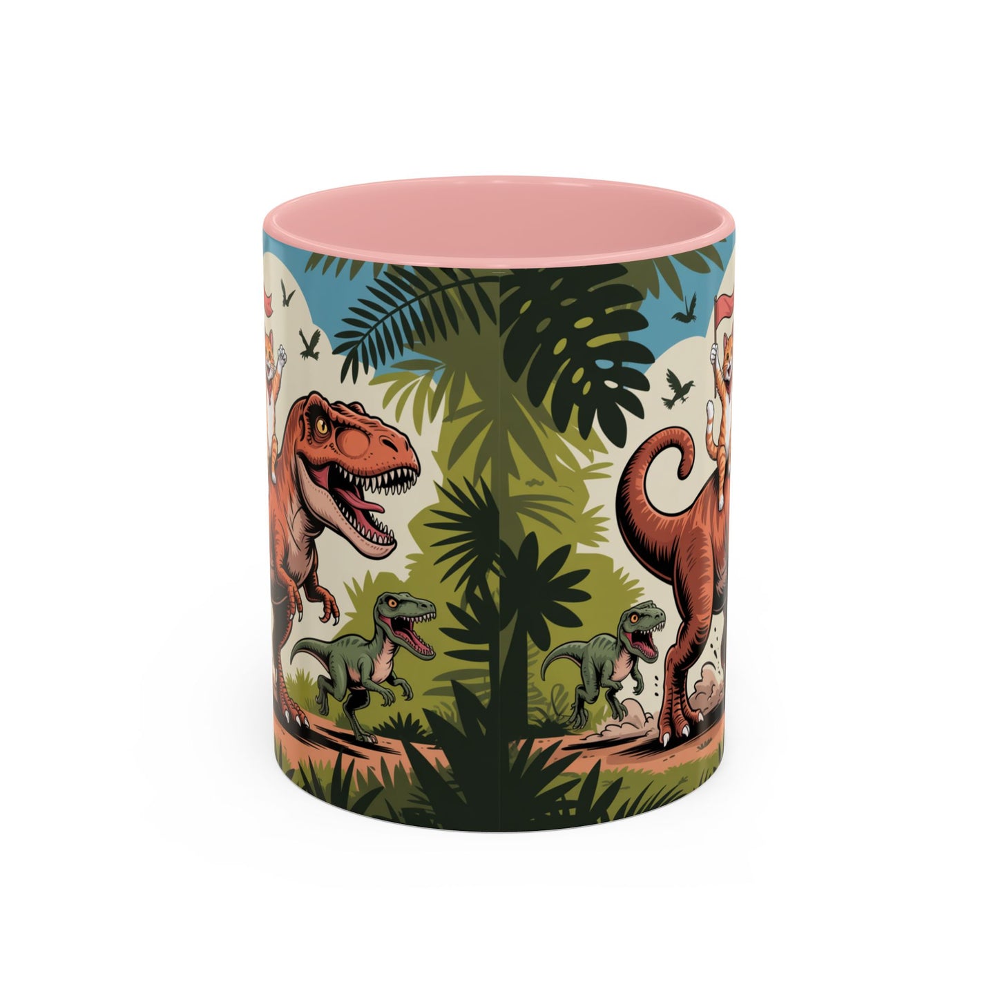 Orange cat riding a T-rex mug Funny cat lover Mug Cat Raptors the jungle mug Gift for cat dinosaur lover mug Cat lady gift Cat mom Christmas