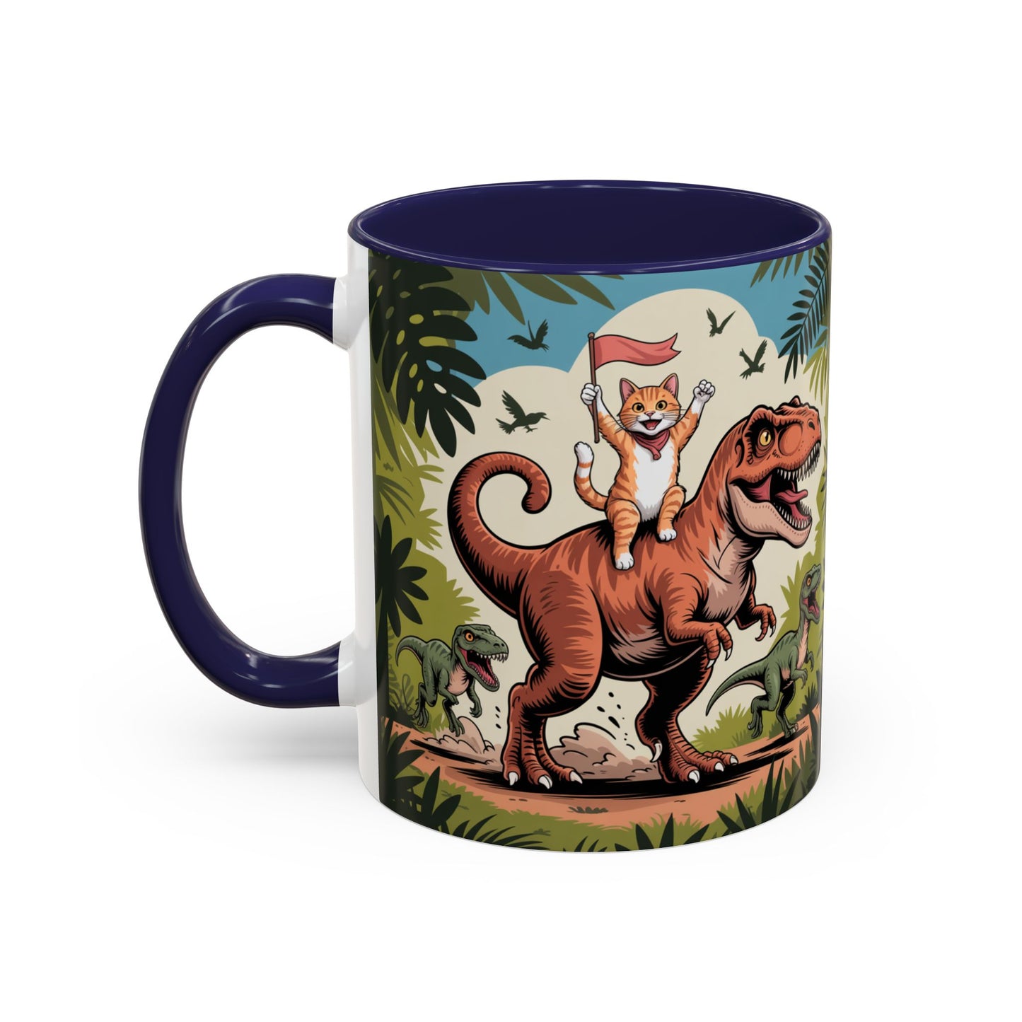 Orange cat riding a T-rex mug Funny cat lover Mug Cat Raptors the jungle mug Gift for cat dinosaur lover mug Cat lady gift Cat mom Christmas