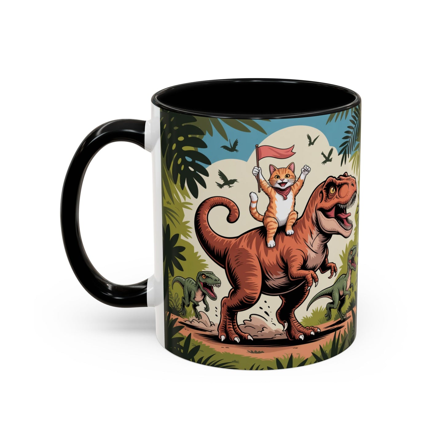 Orange cat riding a T-rex mug Funny cat lover Mug Cat Raptors the jungle mug Gift for cat dinosaur lover mug Cat lady gift Cat mom Christmas