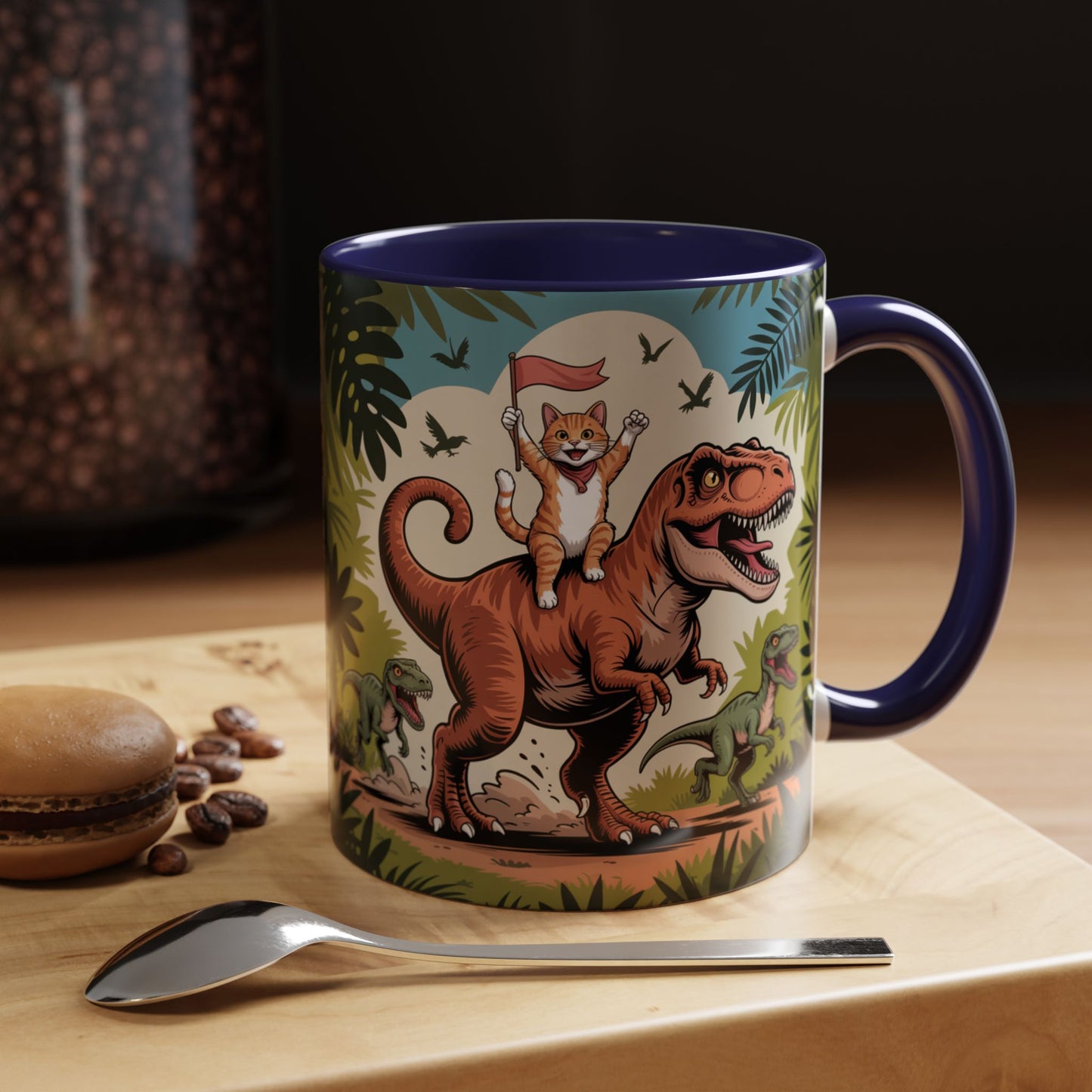 Orange cat riding a T-rex mug Funny cat lover Mug Cat Raptors the jungle mug Gift for cat dinosaur lover mug Cat lady gift Cat mom Christmas