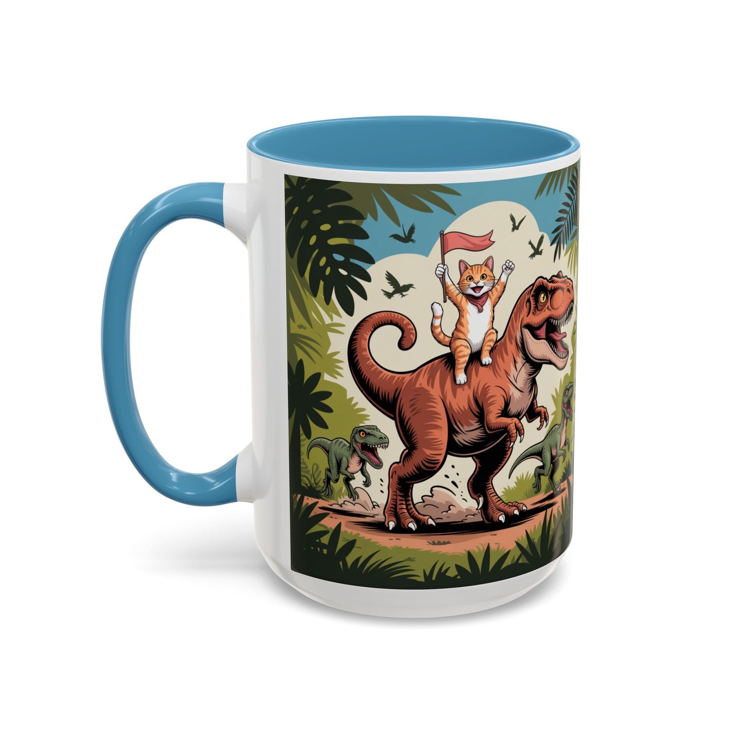 Orange cat riding a T-rex mug Funny cat lover Mug Cat Raptors the jungle mug Gift for cat dinosaur lover mug Cat lady gift Cat mom Christmas