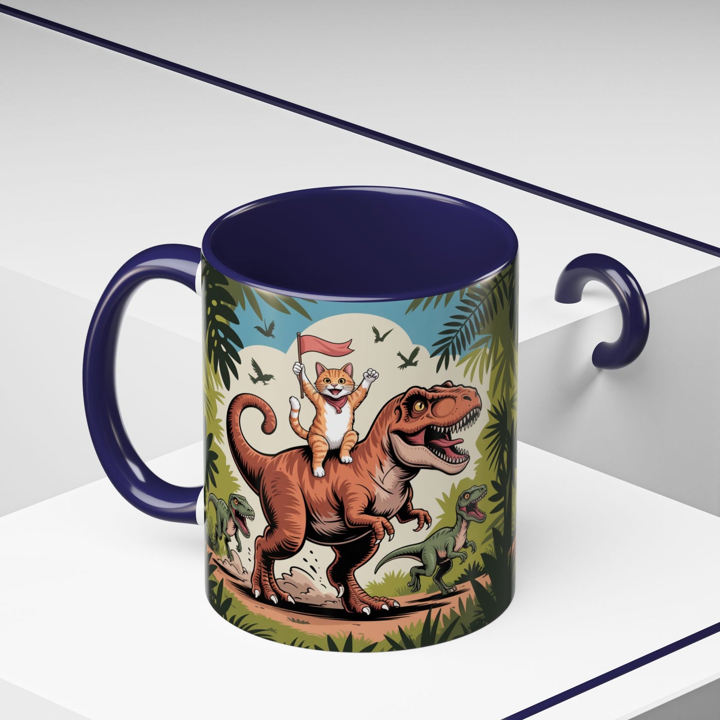 Orange cat riding a T-rex mug Funny cat lover Mug Cat Raptors the jungle mug Gift for cat dinosaur lover mug Cat lady gift Cat mom Christmas