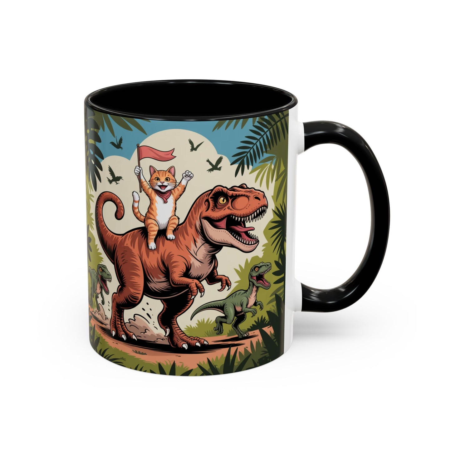 Orange cat riding a T-rex mug Funny cat lover Mug Cat Raptors the jungle mug Gift for cat dinosaur lover mug Cat lady gift Cat mom Christmas