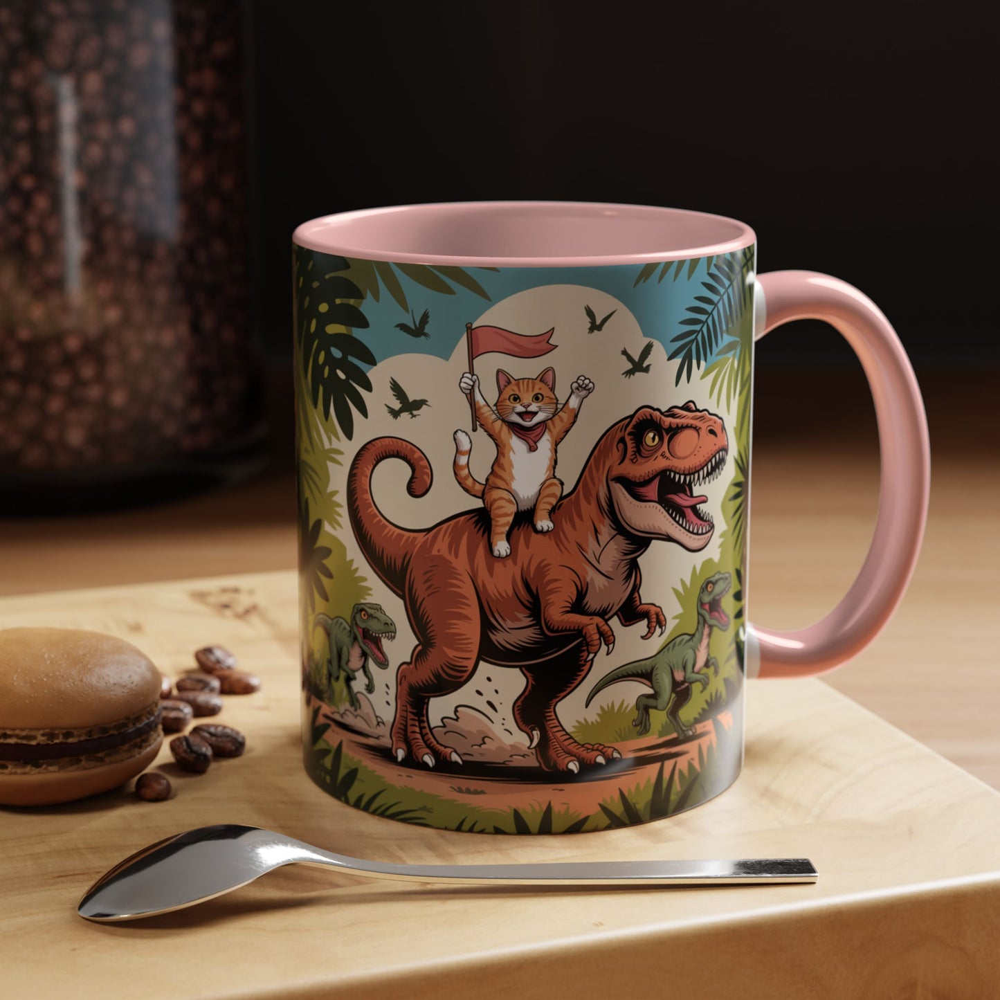 Orange cat riding a T-rex mug Funny cat lover Mug Cat Raptors the jungle mug Gift for cat dinosaur lover mug Cat lady gift Cat mom Christmas