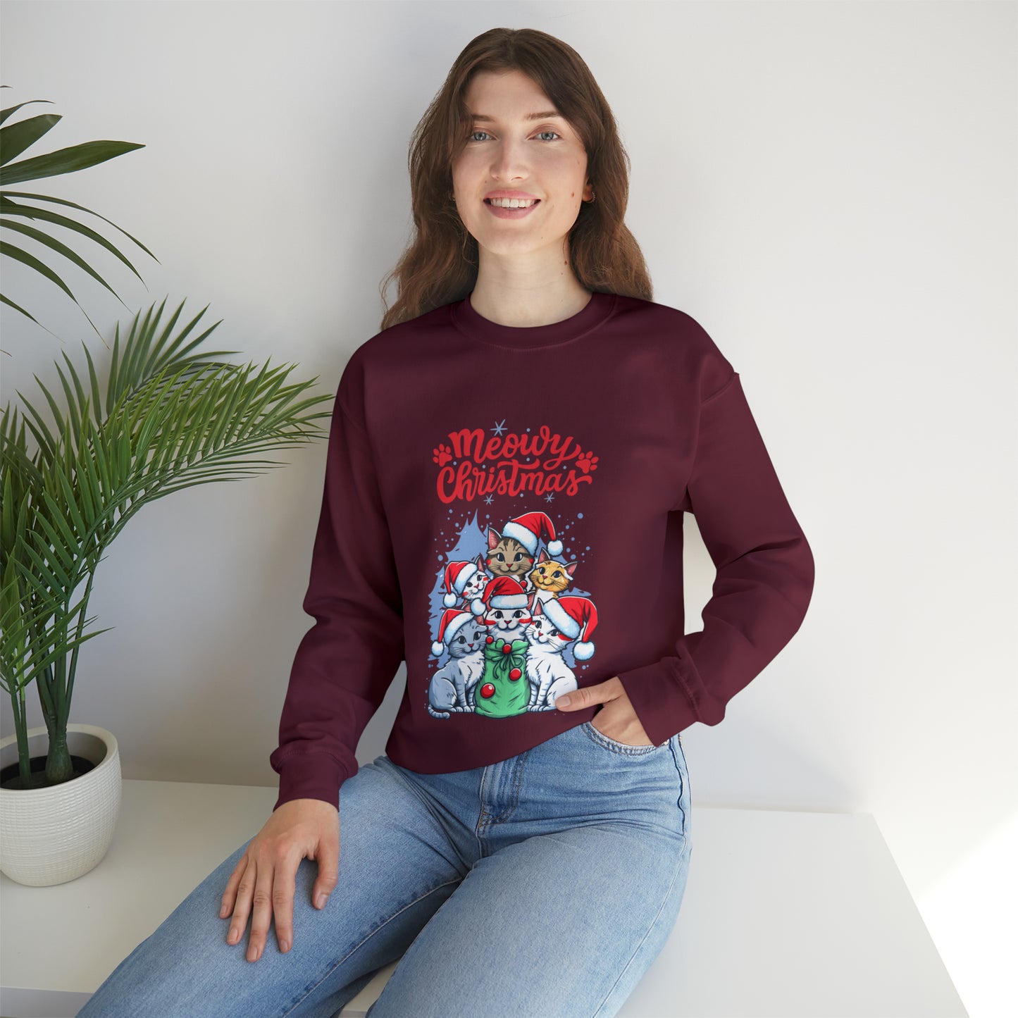 Funny Cat Christmas sweater Meowy Christmas shirt Kitty Christmas tree sweatshirt ugly Christmas sweater Family matching Bright Christmas
