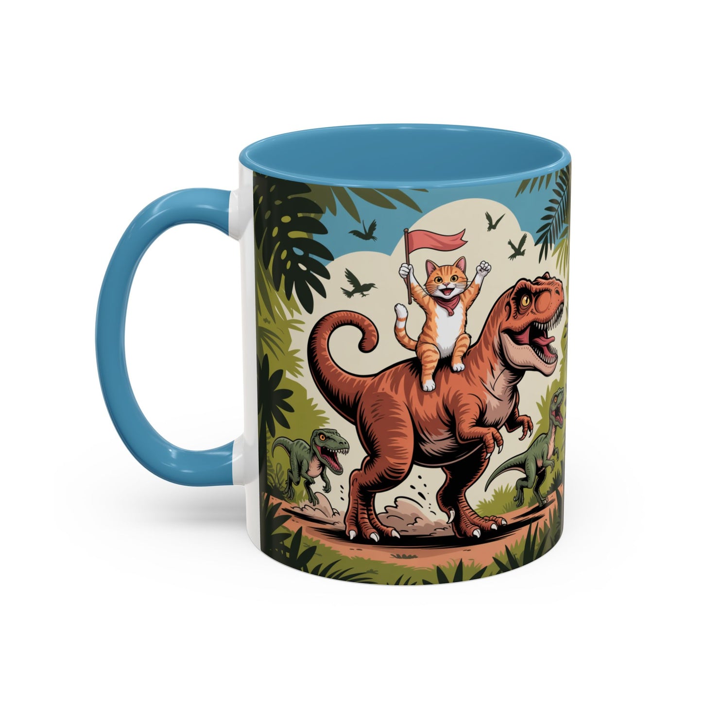 Orange cat riding a T-rex mug Funny cat lover Mug Cat Raptors the jungle mug Gift for cat dinosaur lover mug Cat lady gift Cat mom Christmas