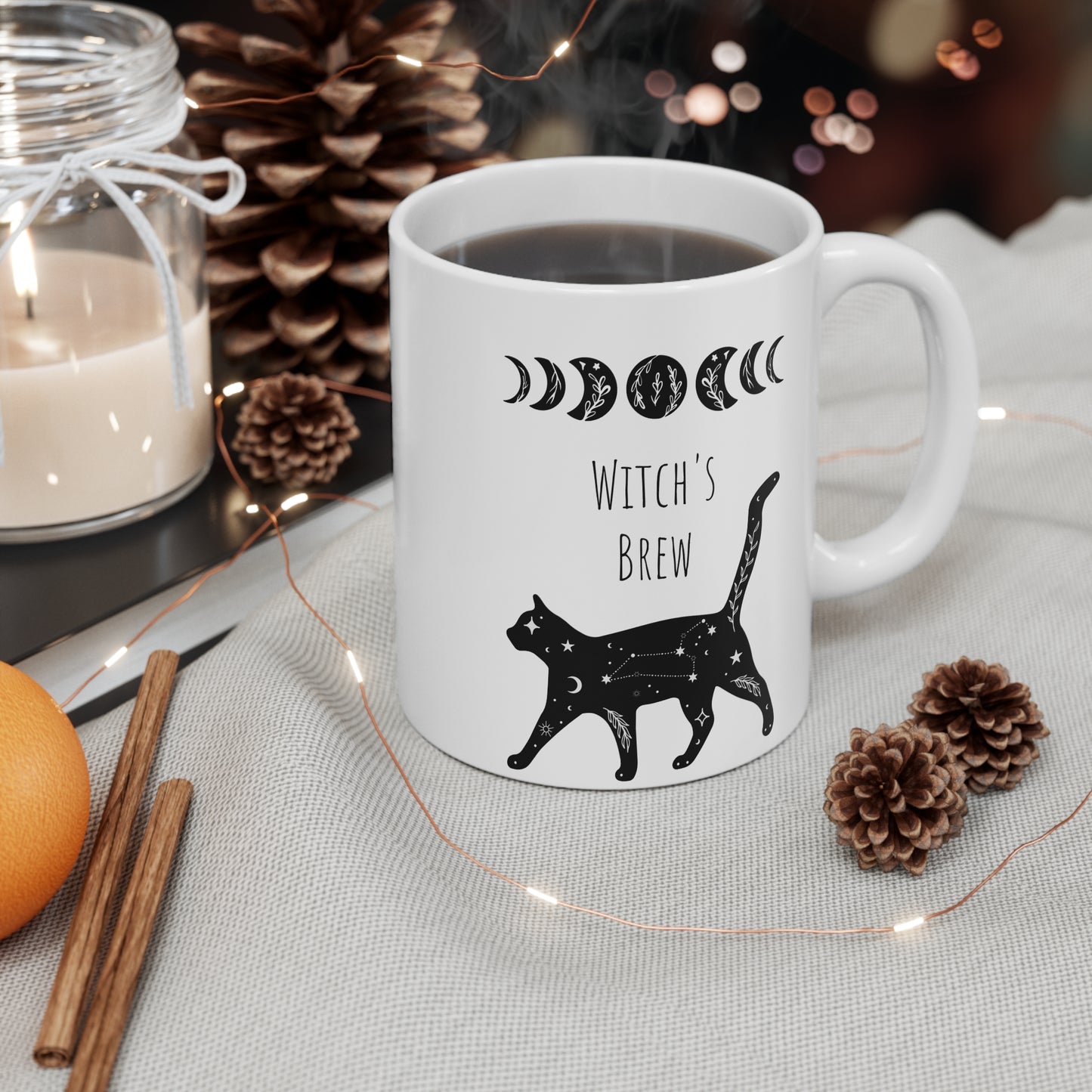 Witch's Brew Cat Mug, 11oz Coffee Cup for Cat Lovers, Unique Gift for Witchy Decor, Halloween, Astrology, Home Office