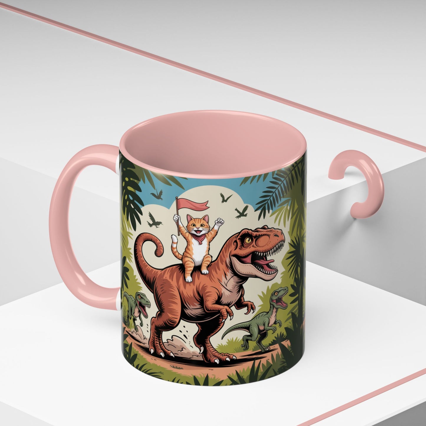 Orange cat riding a T-rex mug Funny cat lover Mug Cat Raptors the jungle mug Gift for cat dinosaur lover mug Cat lady gift Cat mom Christmas