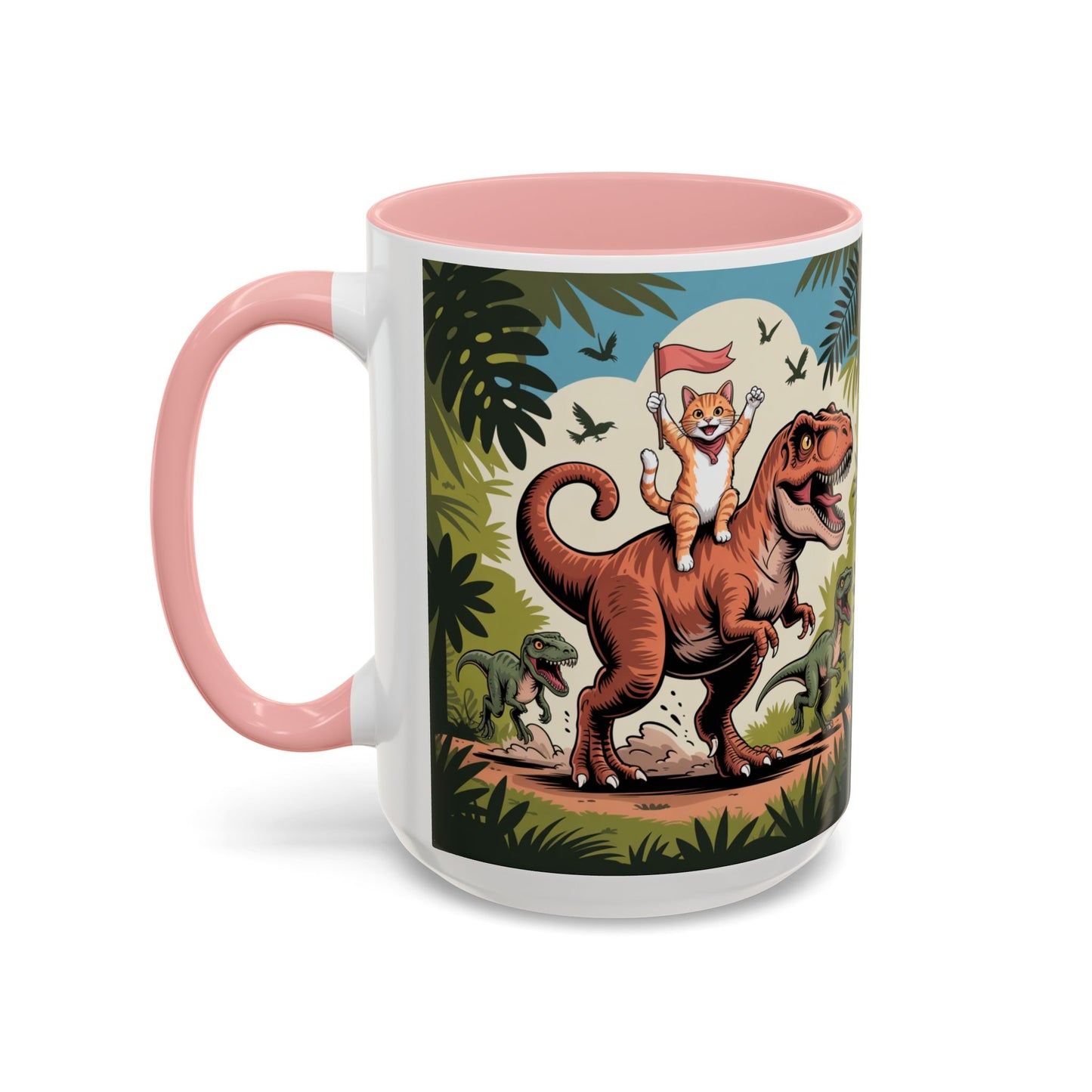 Orange cat riding a T-rex mug Funny cat lover Mug Cat Raptors the jungle mug Gift for cat dinosaur lover mug Cat lady gift Cat mom Christmas