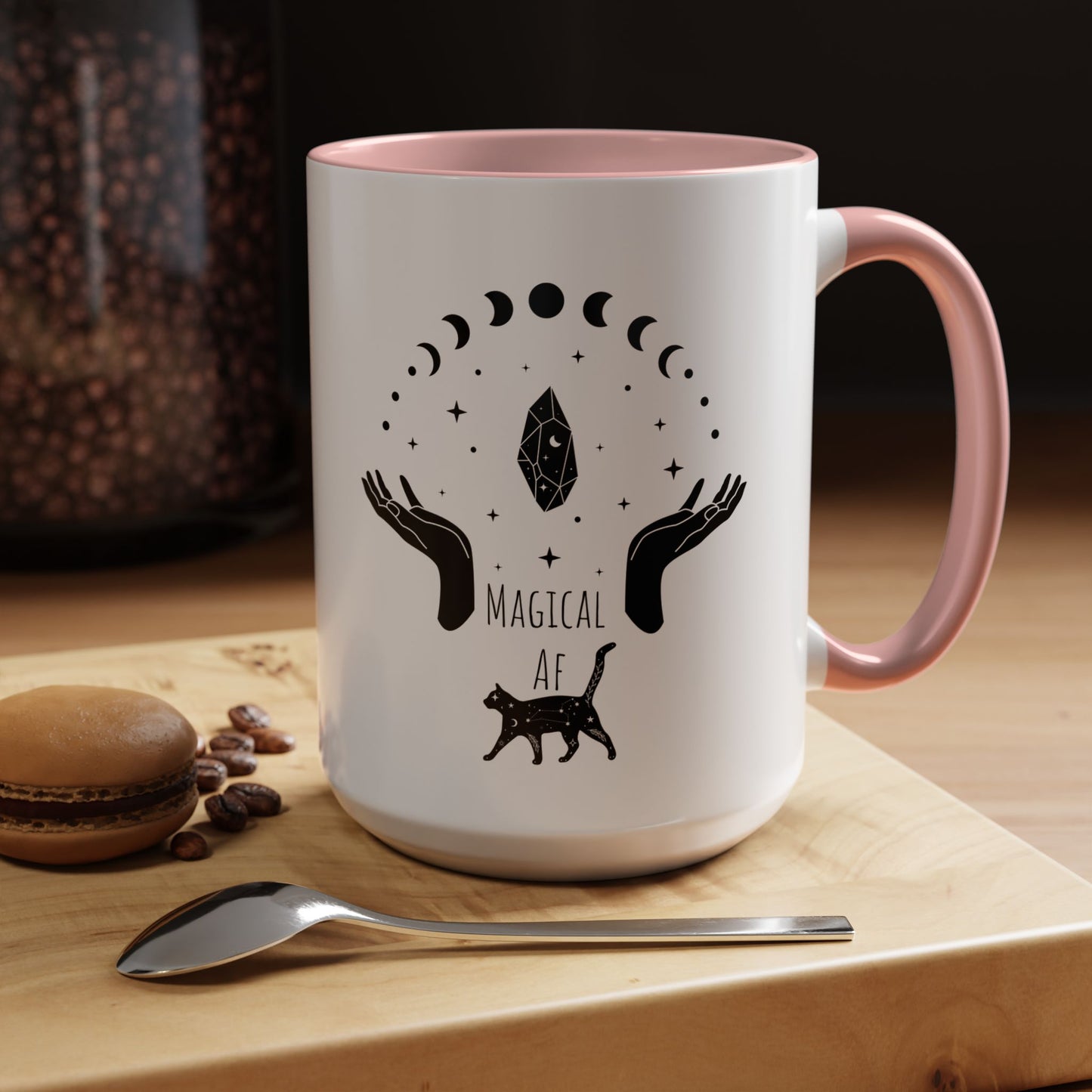 Magical Witchy Mug Moon Phases Black Cat Accent Coffee Cup (11, 15oz) Pagan Wiccan Kitchen Decor Halloween Gift Christmas gift for her,