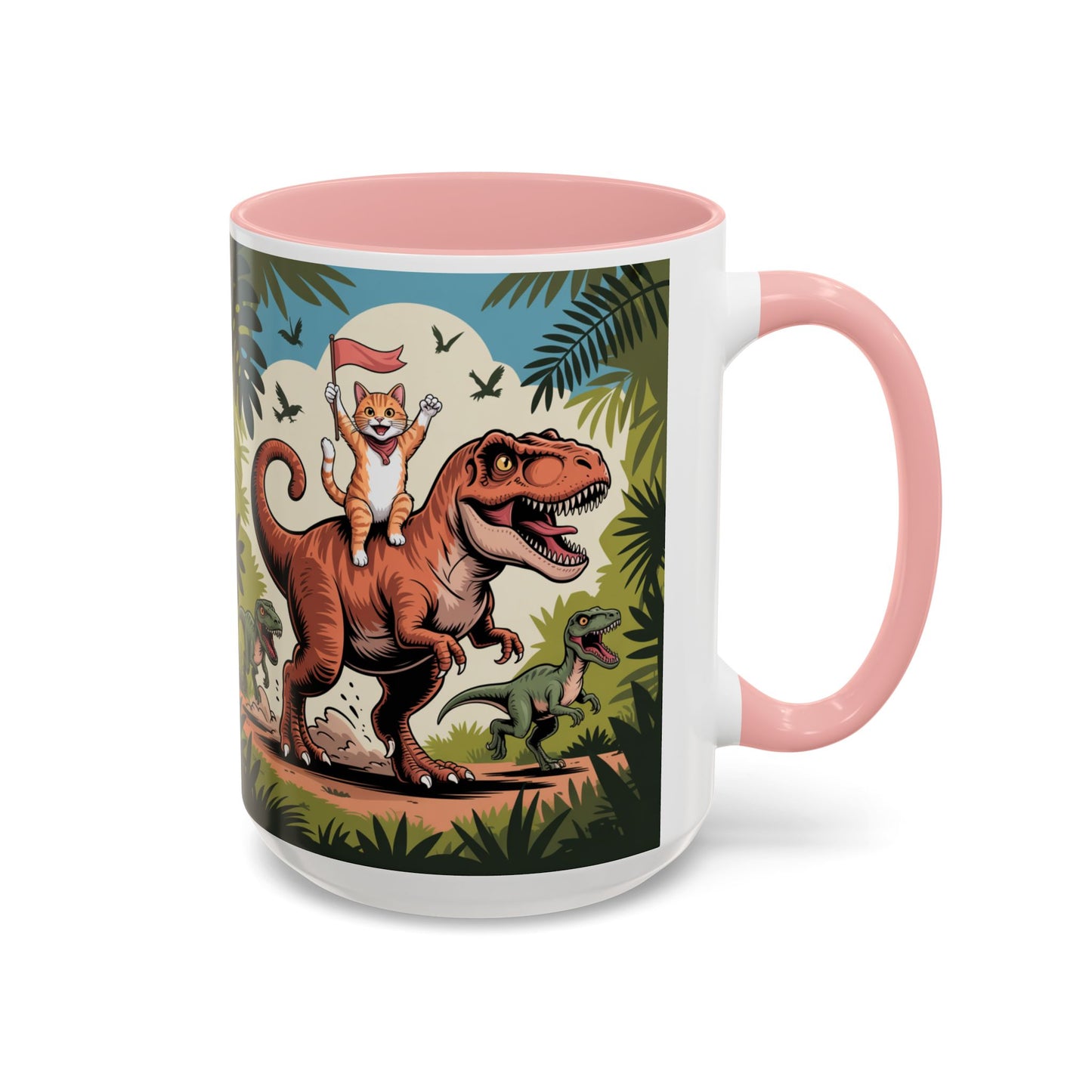 Orange cat riding a T-rex mug Funny cat lover Mug Cat Raptors the jungle mug Gift for cat dinosaur lover mug Cat lady gift Cat mom Christmas
