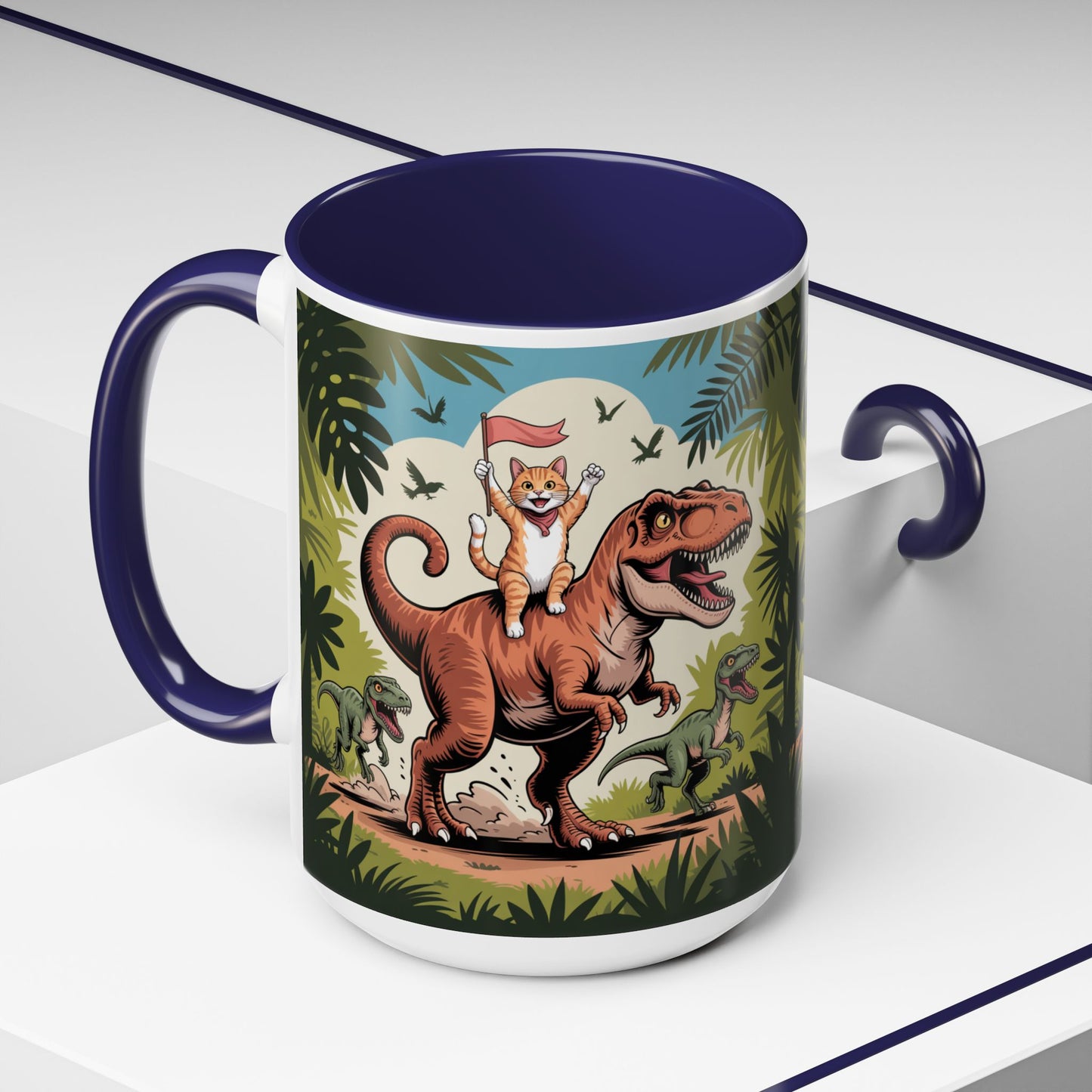 Orange cat riding a T-rex mug Funny cat lover Mug Cat Raptors the jungle mug Gift for cat dinosaur lover mug Cat lady gift Cat mom Christmas