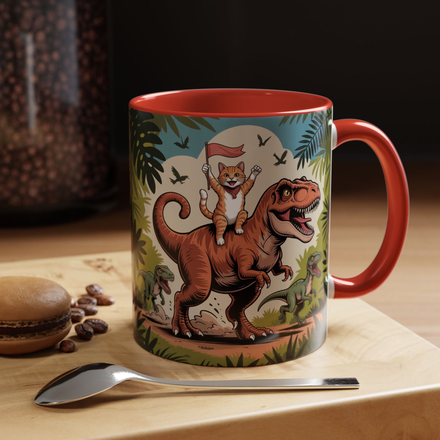 Orange cat riding a T-rex mug Funny cat lover Mug Cat Raptors the jungle mug Gift for cat dinosaur lover mug Cat lady gift Cat mom Christmas