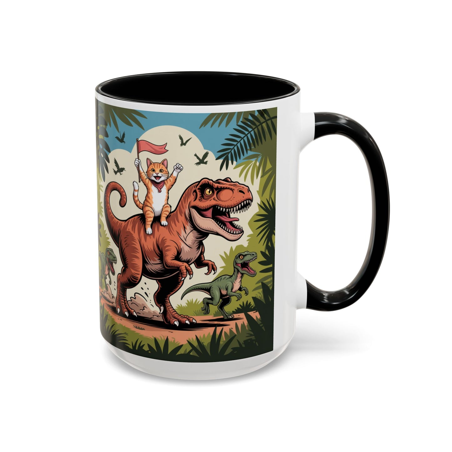 Orange cat riding a T-rex mug Funny cat lover Mug Cat Raptors the jungle mug Gift for cat dinosaur lover mug Cat lady gift Cat mom Christmas