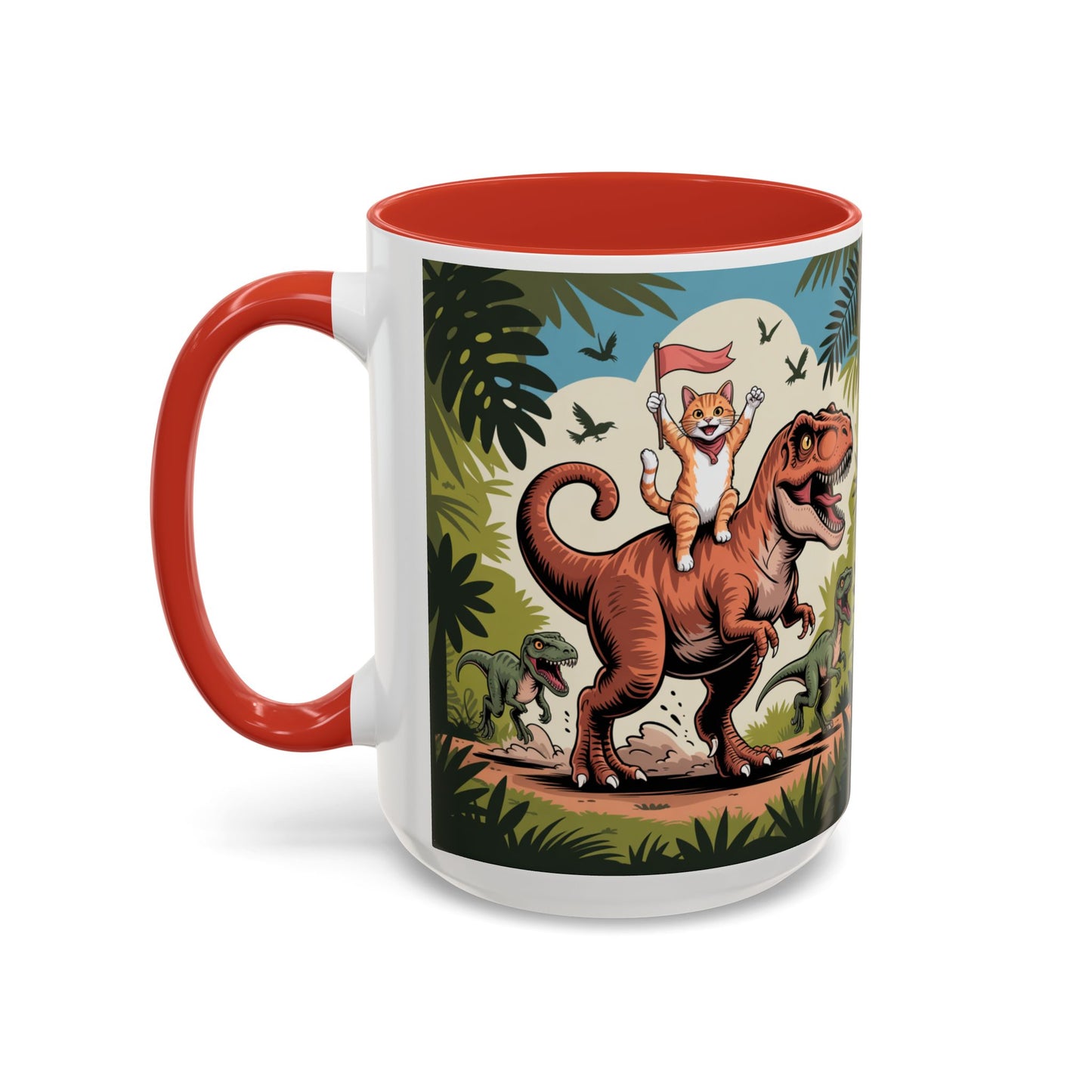 Orange cat riding a T-rex mug Funny cat lover Mug Cat Raptors the jungle mug Gift for cat dinosaur lover mug Cat lady gift Cat mom Christmas