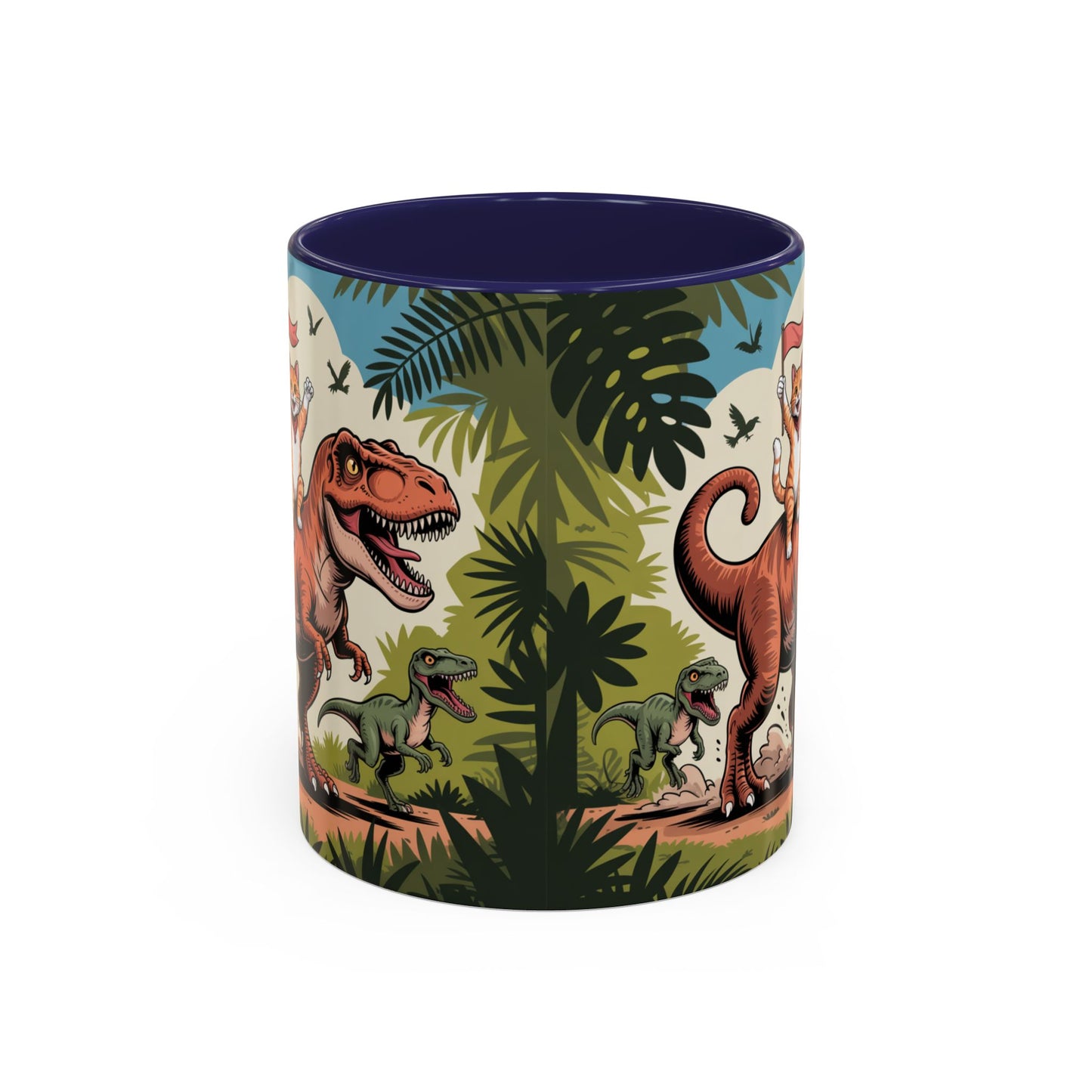 Orange cat riding a T-rex mug Funny cat lover Mug Cat Raptors the jungle mug Gift for cat dinosaur lover mug Cat lady gift Cat mom Christmas