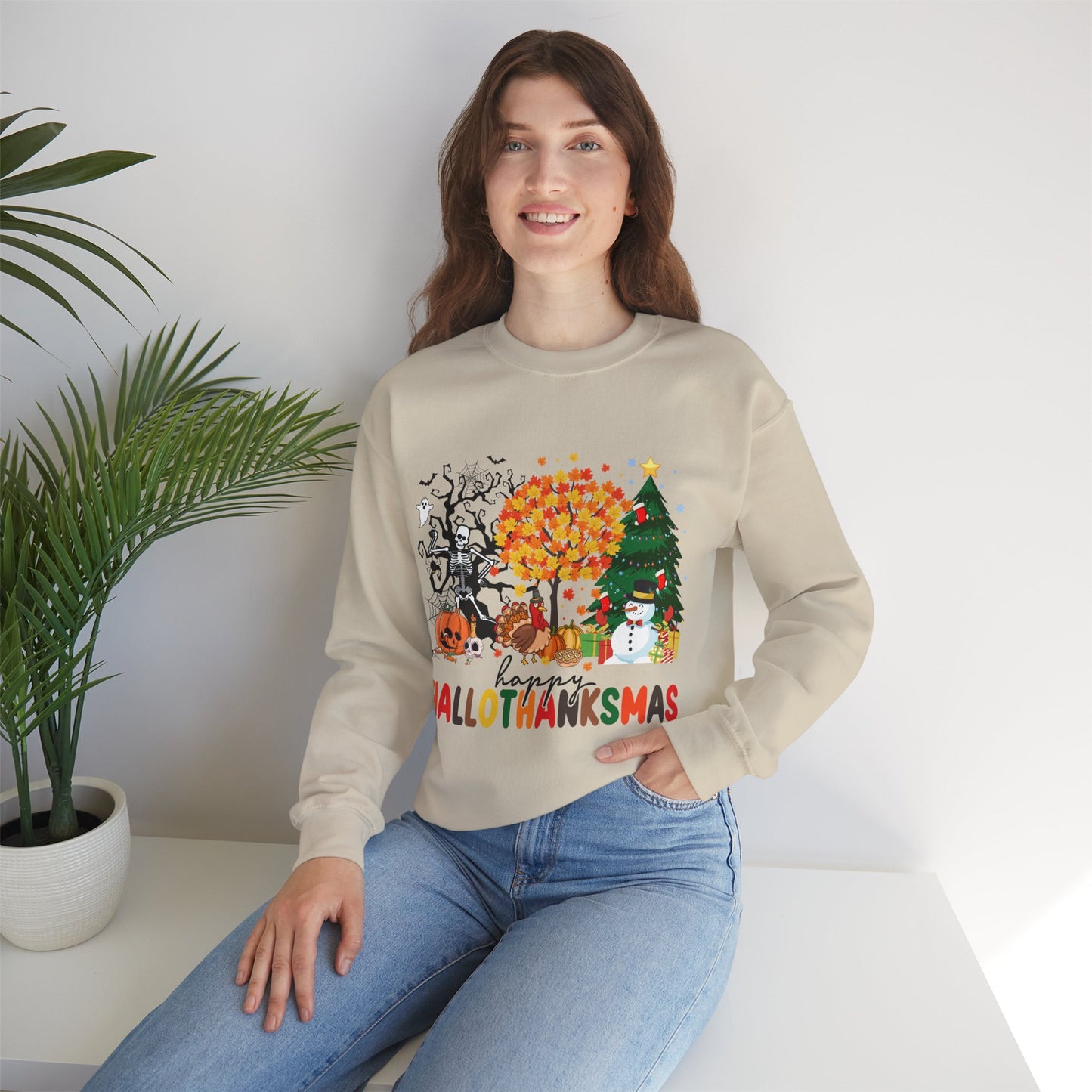 Happy Hallothanksmas Sweatshirt Halloween Gift For Women Christmas Sweatshirt Cute Halloween Sweater Colorful Halloween Sweatshirt christmas