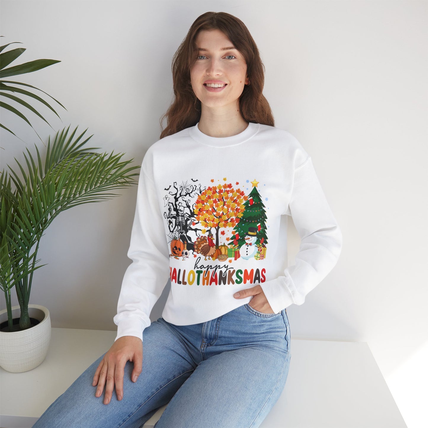 Happy Hallothanksmas Sweatshirt Halloween Gift For Women Christmas Sweatshirt Cute Halloween Sweater Colorful Halloween Sweatshirt christmas