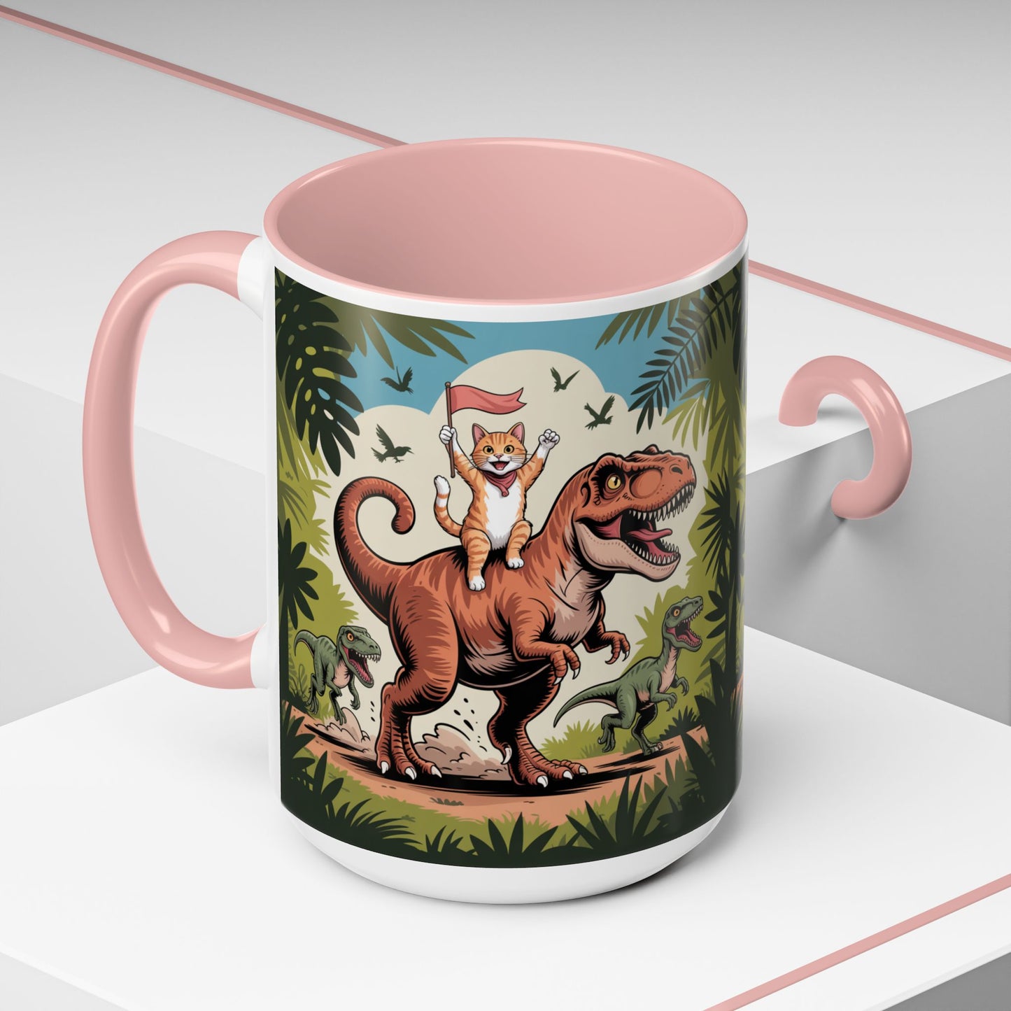 Orange cat riding a T-rex mug Funny cat lover Mug Cat Raptors the jungle mug Gift for cat dinosaur lover mug Cat lady gift Cat mom Christmas