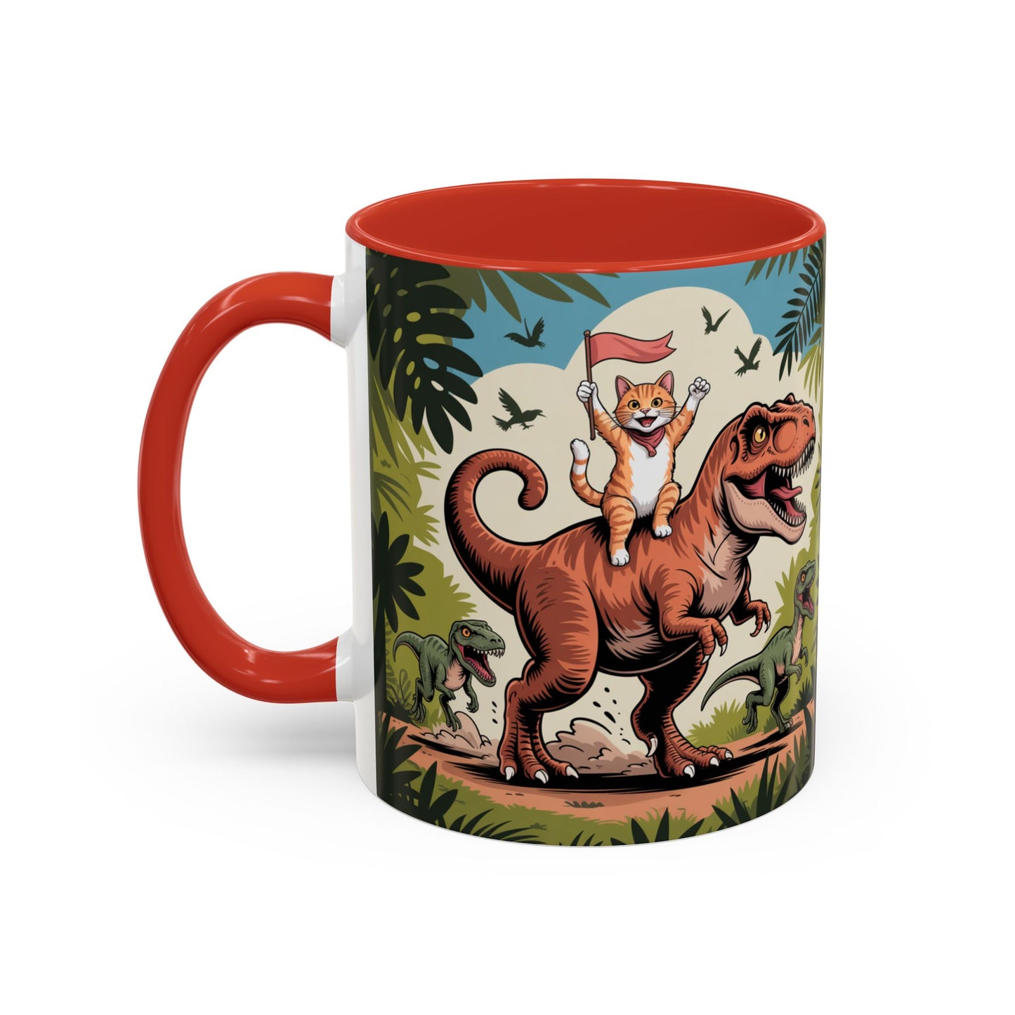 Orange cat riding a T-rex mug Funny cat lover Mug Cat Raptors the jungle mug Gift for cat dinosaur lover mug Cat lady gift Cat mom Christmas