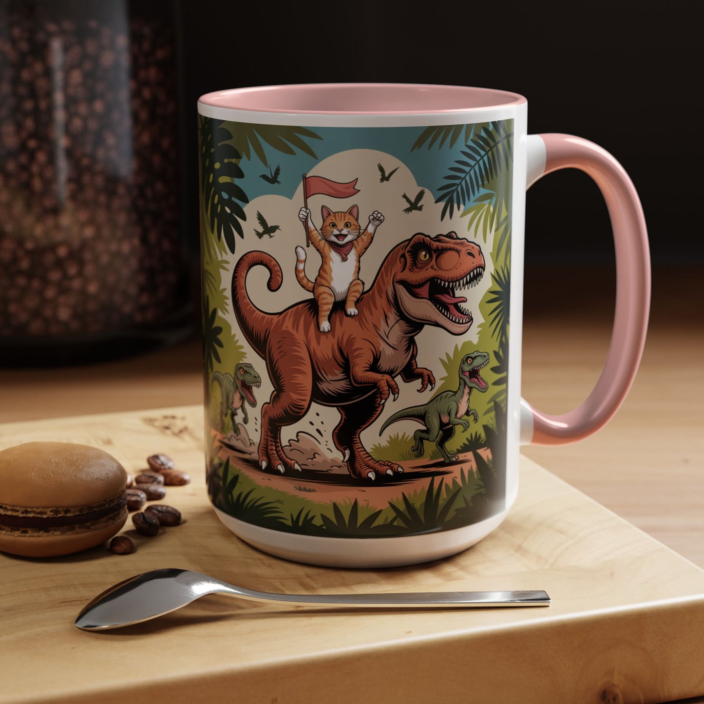 Orange cat riding a T-rex mug Funny cat lover Mug Cat Raptors the jungle mug Gift for cat dinosaur lover mug Cat lady gift Cat mom Christmas