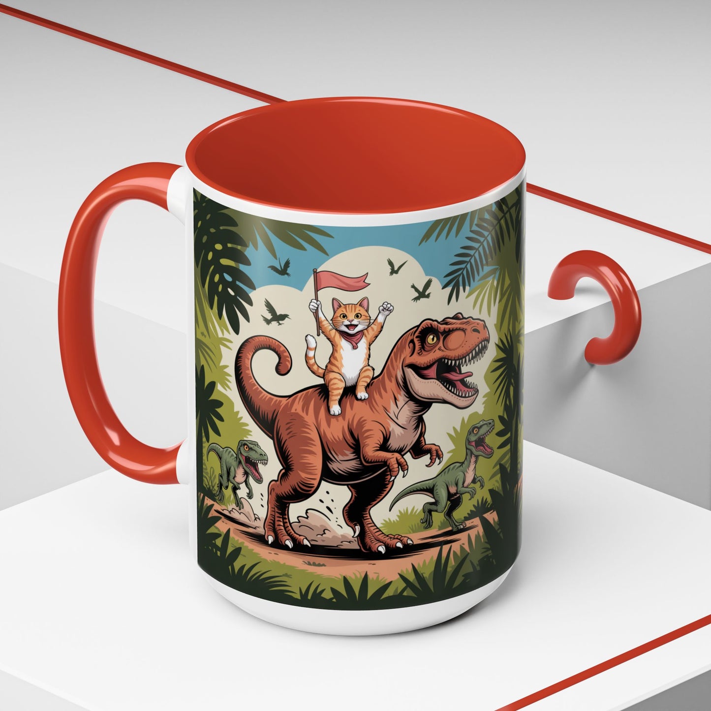 Orange cat riding a T-rex mug Funny cat lover Mug Cat Raptors the jungle mug Gift for cat dinosaur lover mug Cat lady gift Cat mom Christmas