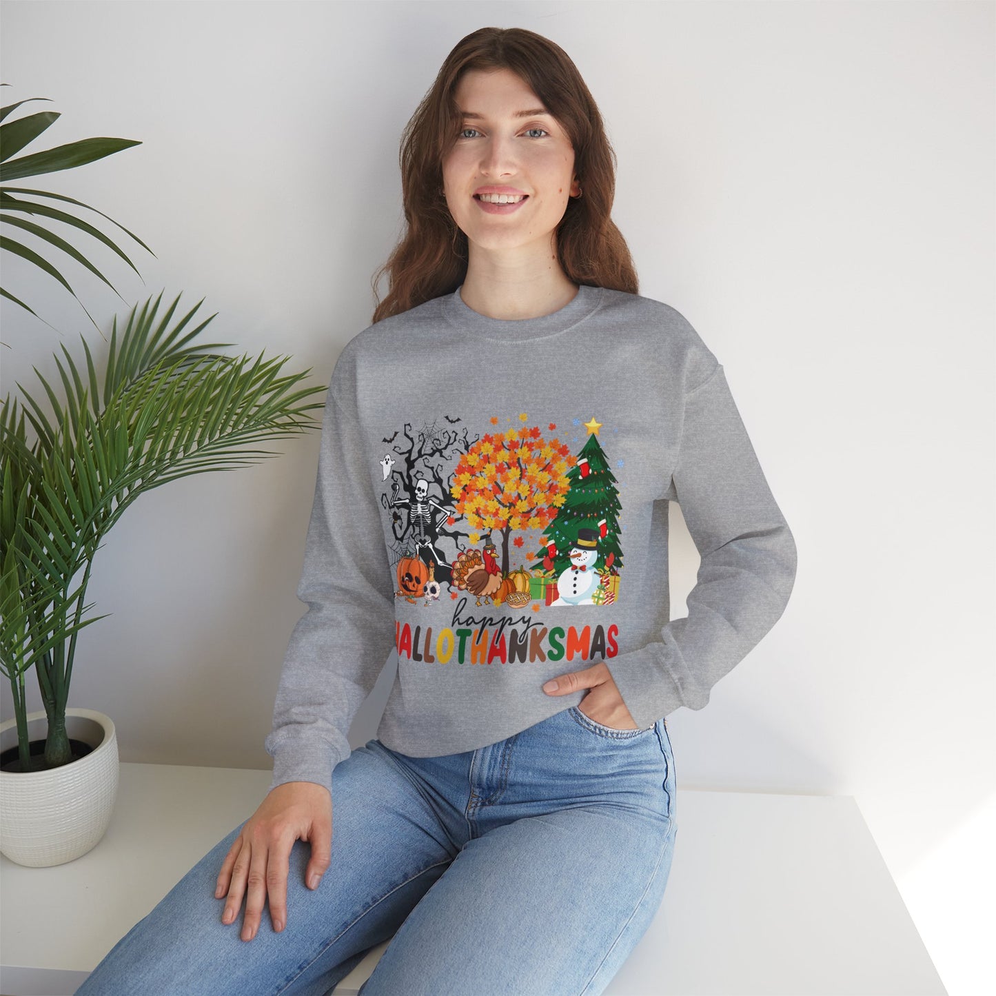 Happy Hallothanksmas Sweatshirt Halloween Gift For Women Christmas Sweatshirt Cute Halloween Sweater Colorful Halloween Sweatshirt christmas