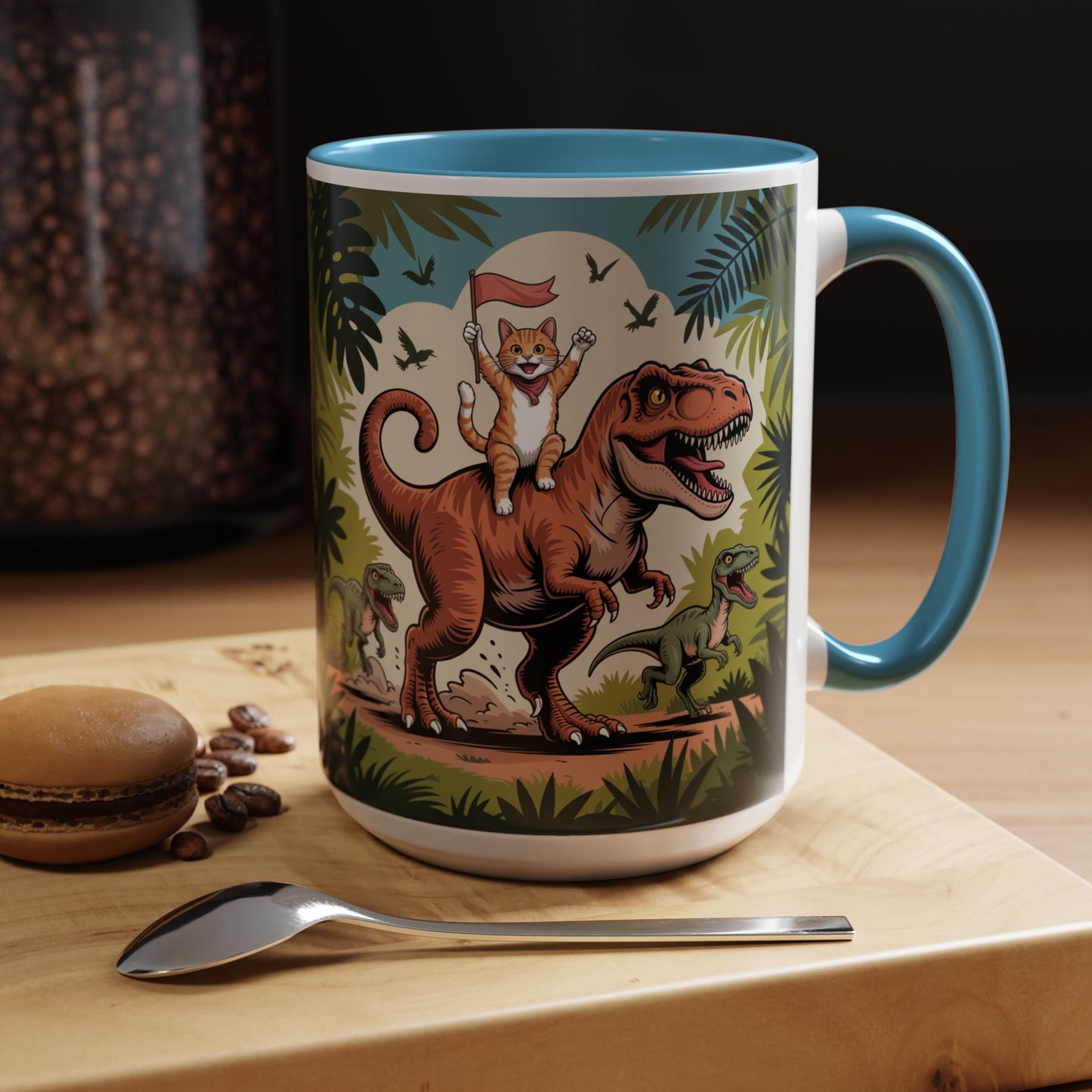 Orange cat riding a T-rex mug Funny cat lover Mug Cat Raptors the jungle mug Gift for cat dinosaur lover mug Cat lady gift Cat mom Christmas