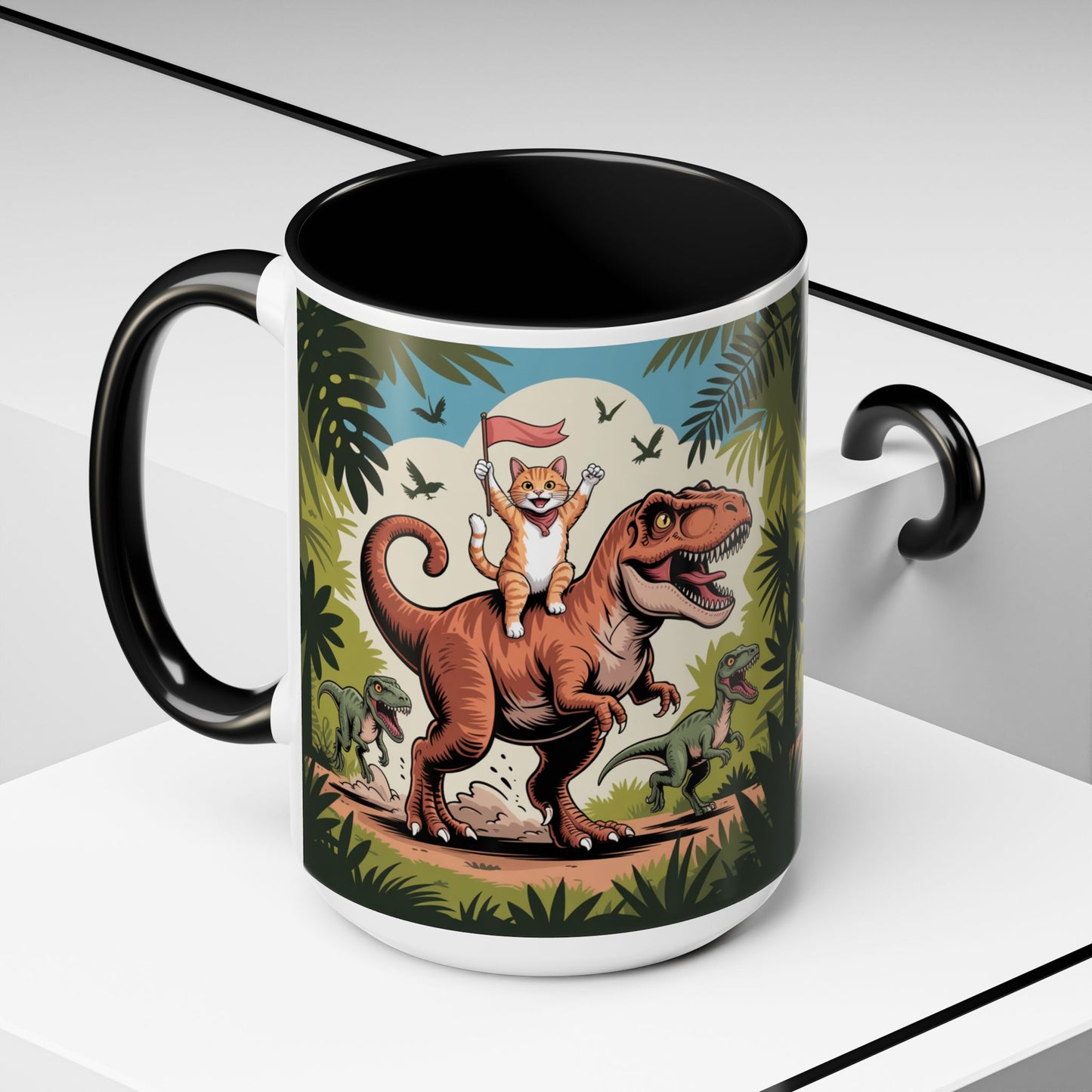 Orange cat riding a T-rex mug Funny cat lover Mug Cat Raptors the jungle mug Gift for cat dinosaur lover mug Cat lady gift Cat mom Christmas