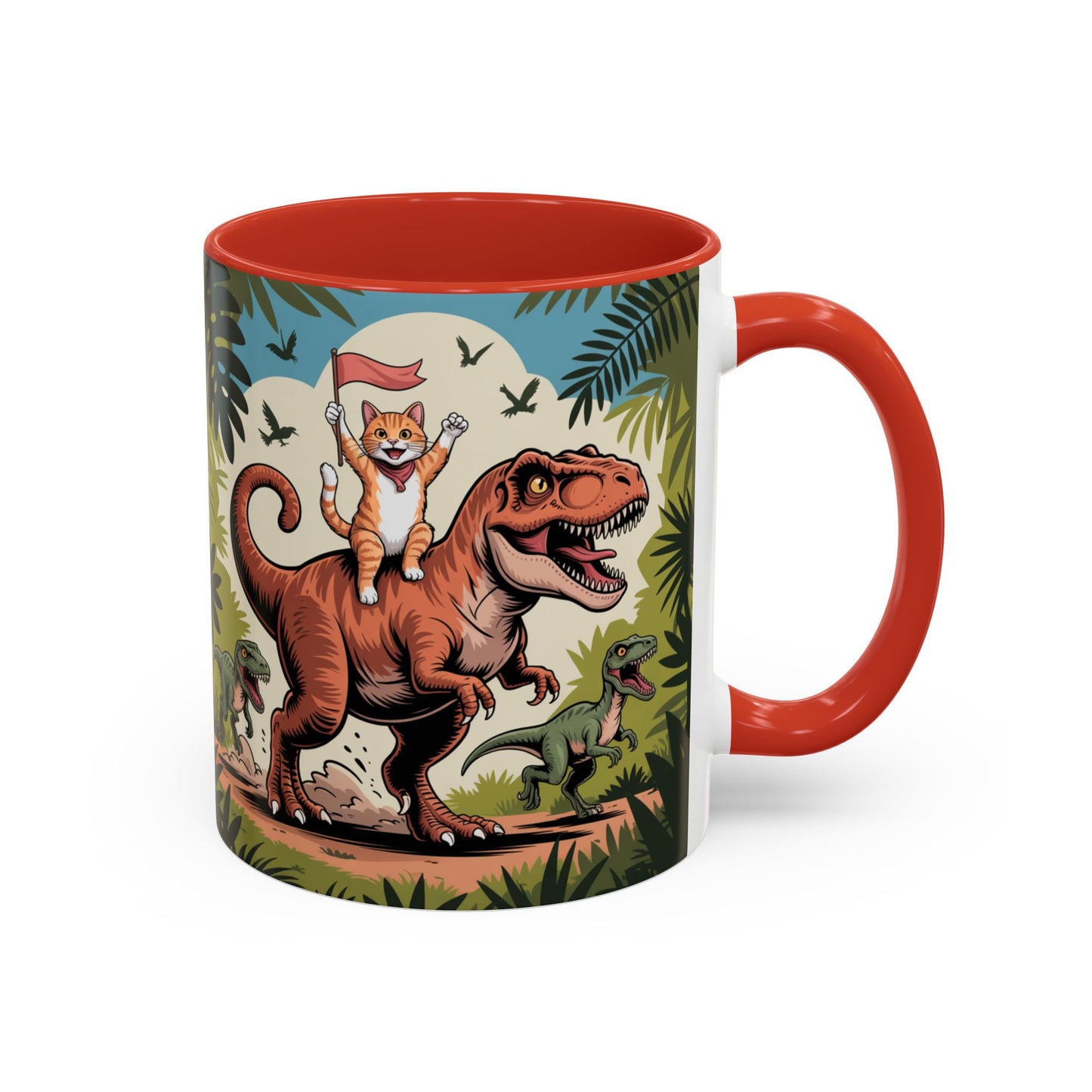 Orange cat riding a T-rex mug Funny cat lover Mug Cat Raptors the jungle mug Gift for cat dinosaur lover mug Cat lady gift Cat mom Christmas