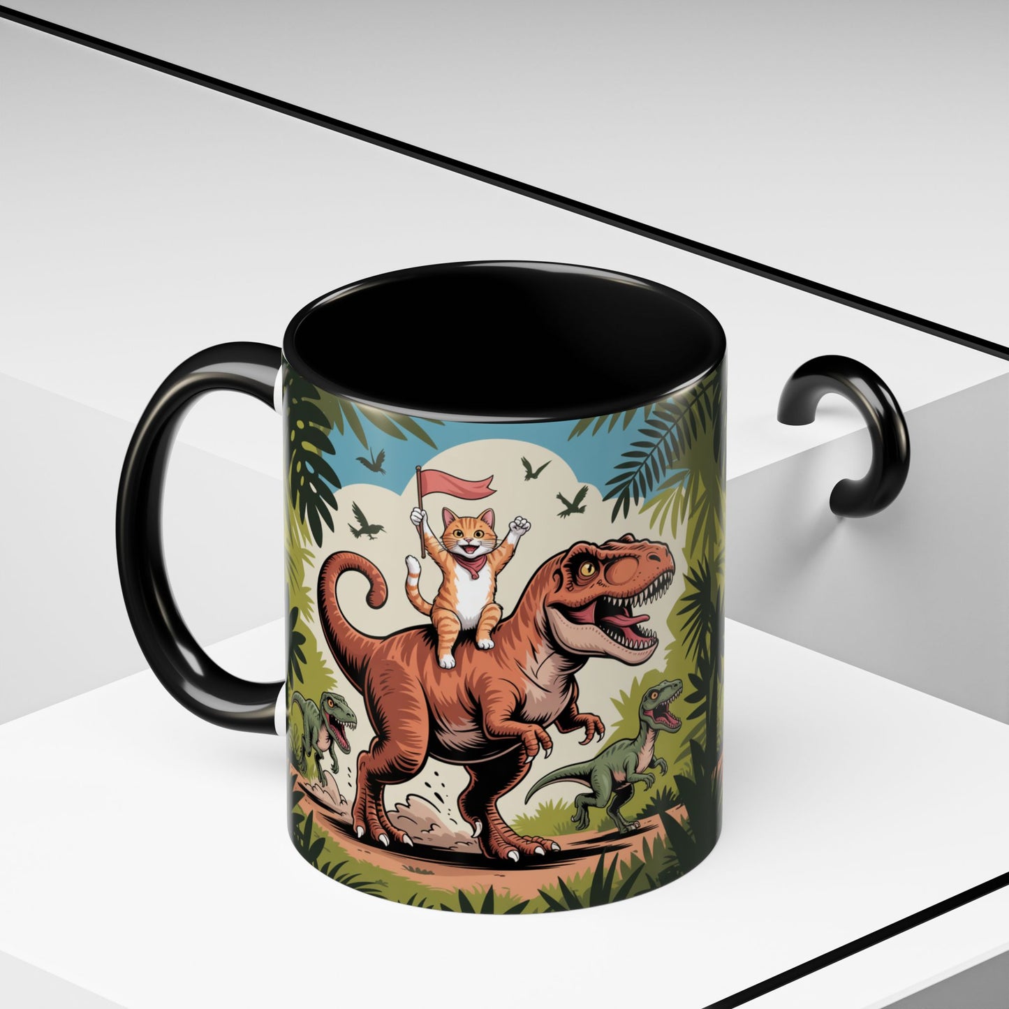 Orange cat riding a T-rex mug Funny cat lover Mug Cat Raptors the jungle mug Gift for cat dinosaur lover mug Cat lady gift Cat mom Christmas