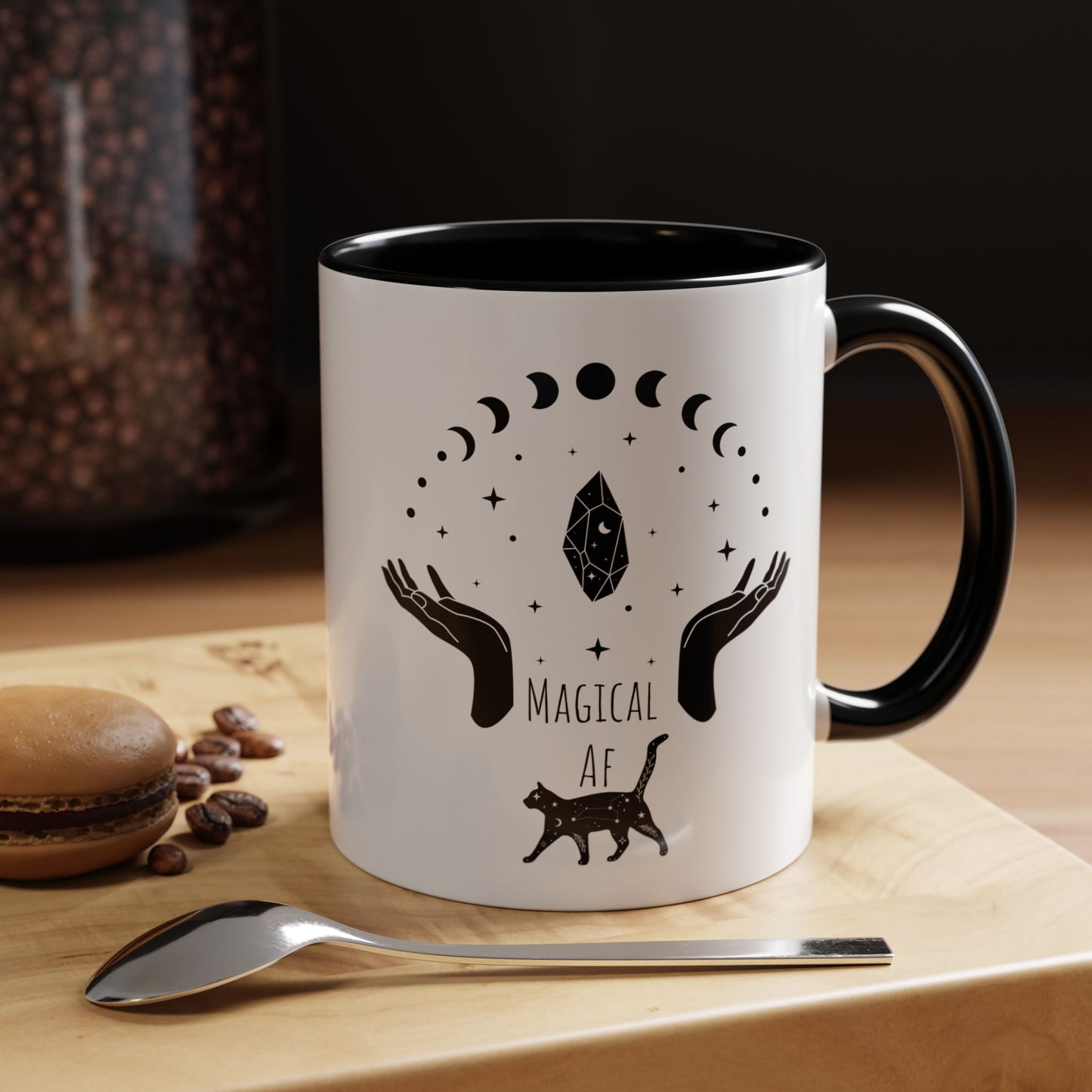 Magical Witchy Mug Moon Phases Black Cat Accent Coffee Cup (11, 15oz) Pagan Wiccan Kitchen Decor Halloween Gift Christmas gift for her,