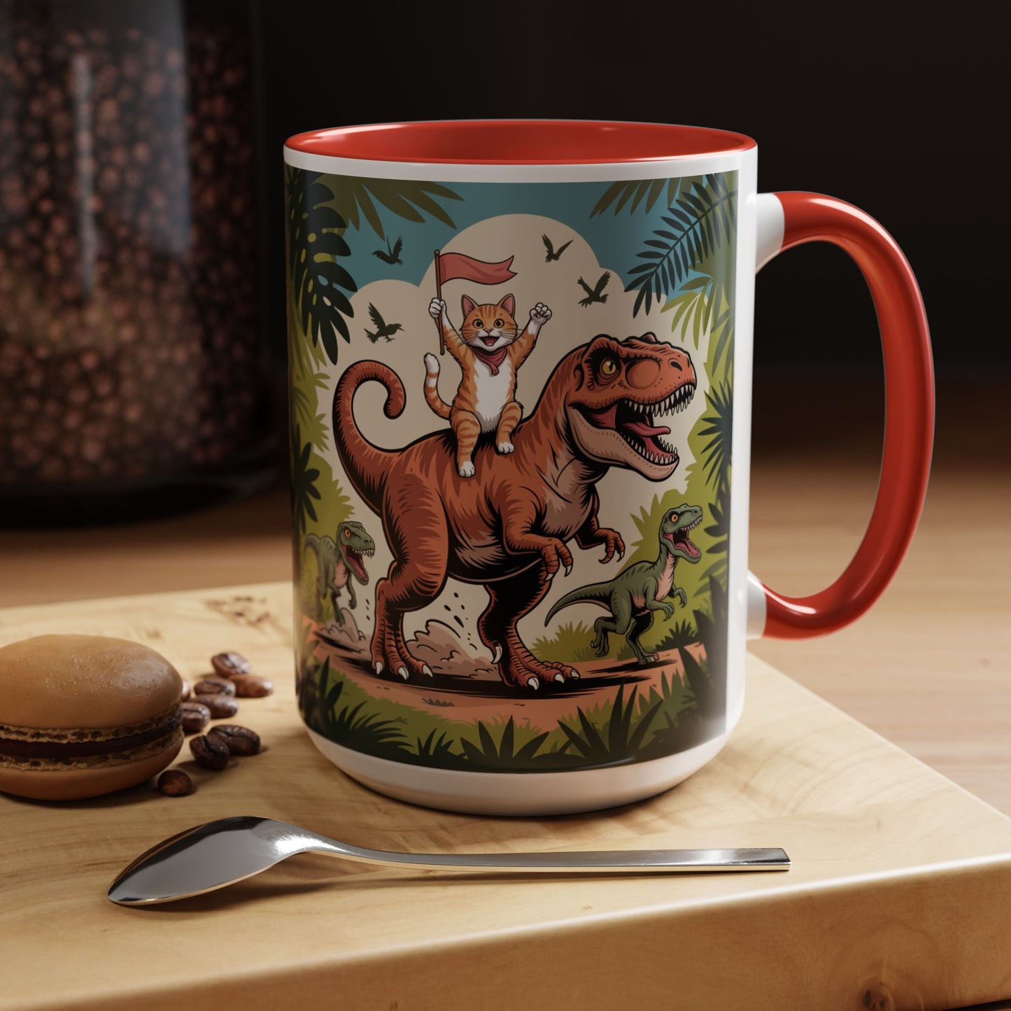 Orange cat riding a T-rex mug Funny cat lover Mug Cat Raptors the jungle mug Gift for cat dinosaur lover mug Cat lady gift Cat mom Christmas