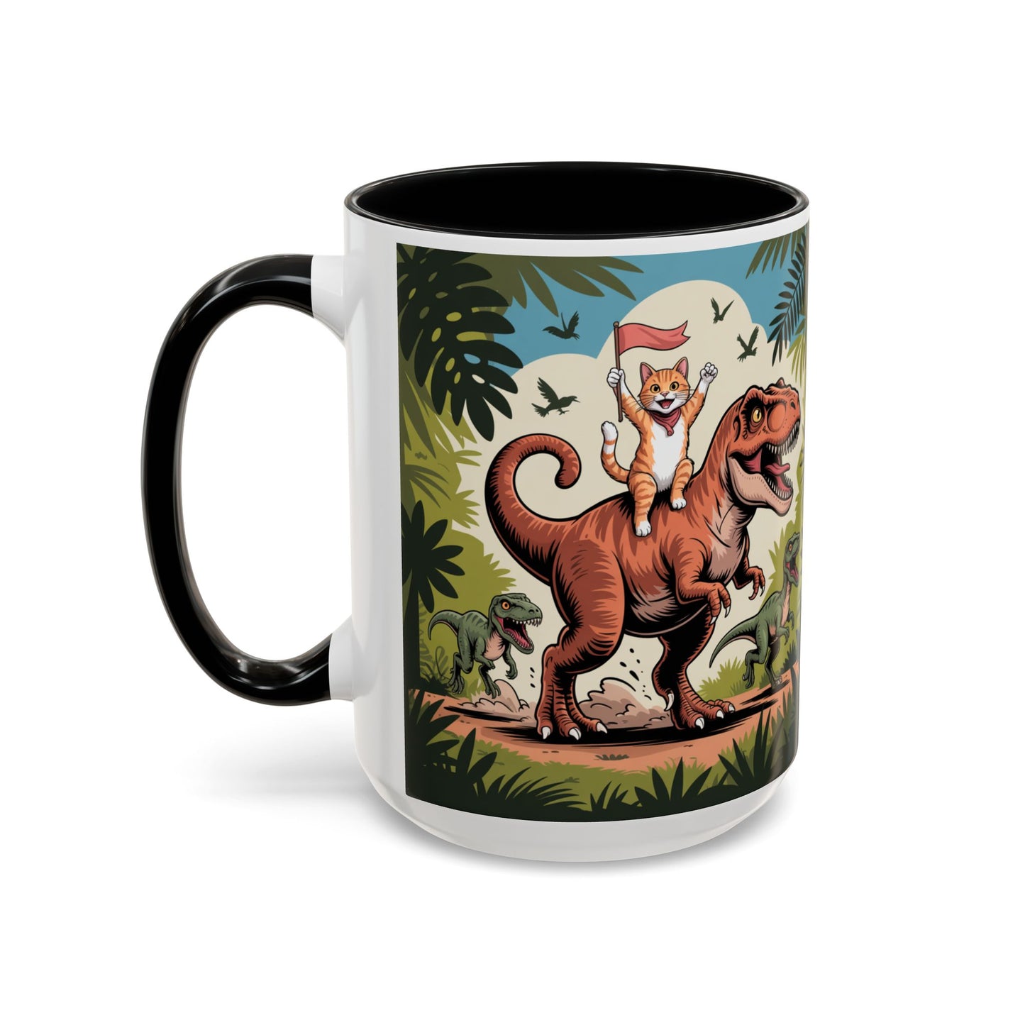 Orange cat riding a T-rex mug Funny cat lover Mug Cat Raptors the jungle mug Gift for cat dinosaur lover mug Cat lady gift Cat mom Christmas