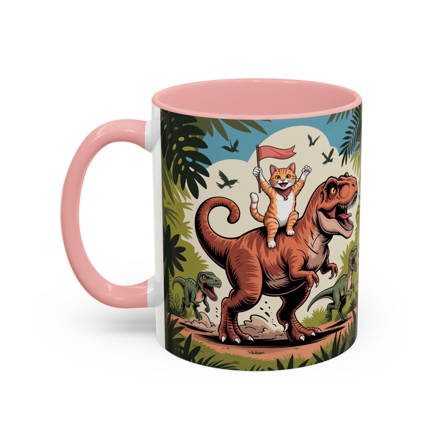 Orange cat riding a T-rex mug Funny cat lover Mug Cat Raptors the jungle mug Gift for cat dinosaur lover mug Cat lady gift Cat mom Christmas