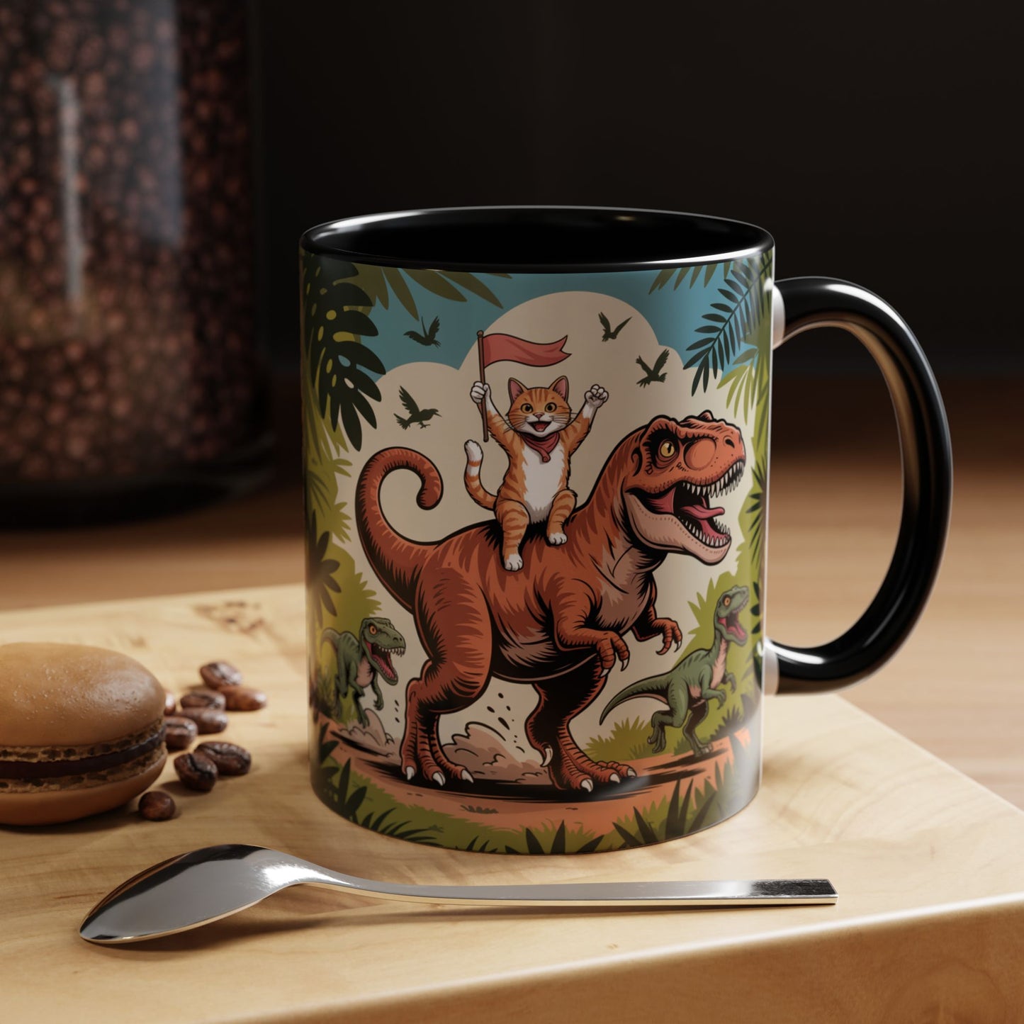 Orange cat riding a T-rex mug Funny cat lover Mug Cat Raptors the jungle mug Gift for cat dinosaur lover mug Cat lady gift Cat mom Christmas